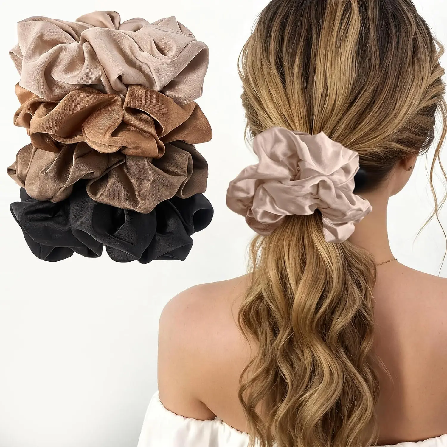 Big Satin Scrunchies for Women, 5.9 Inch Large Oversized Scrunchie, Soft Jumbo/Giant Scrunchies Hair Ties for Thick & Curly Hair -4 Pack, Almond/Khaki/Black/Brown