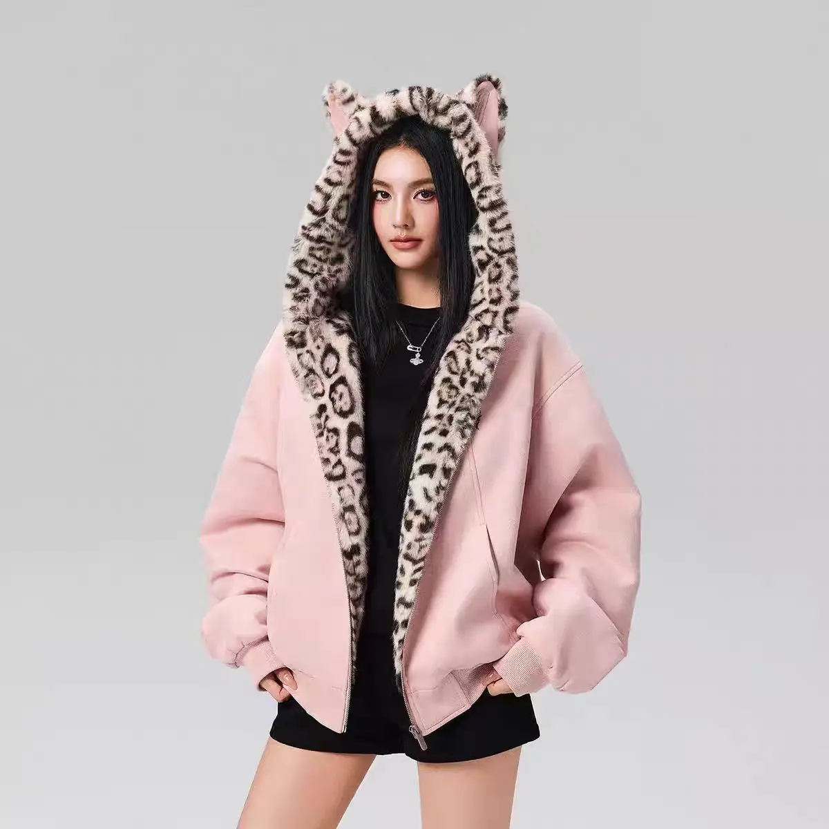 Women's petite leopard-print hooded puffer jacket with cat-ear details; features a relaxed, loose fit and versatile style. Thickly padded for warmth with a playful, cute aesthetic-perfect for street style, parties, and outdoor activities.