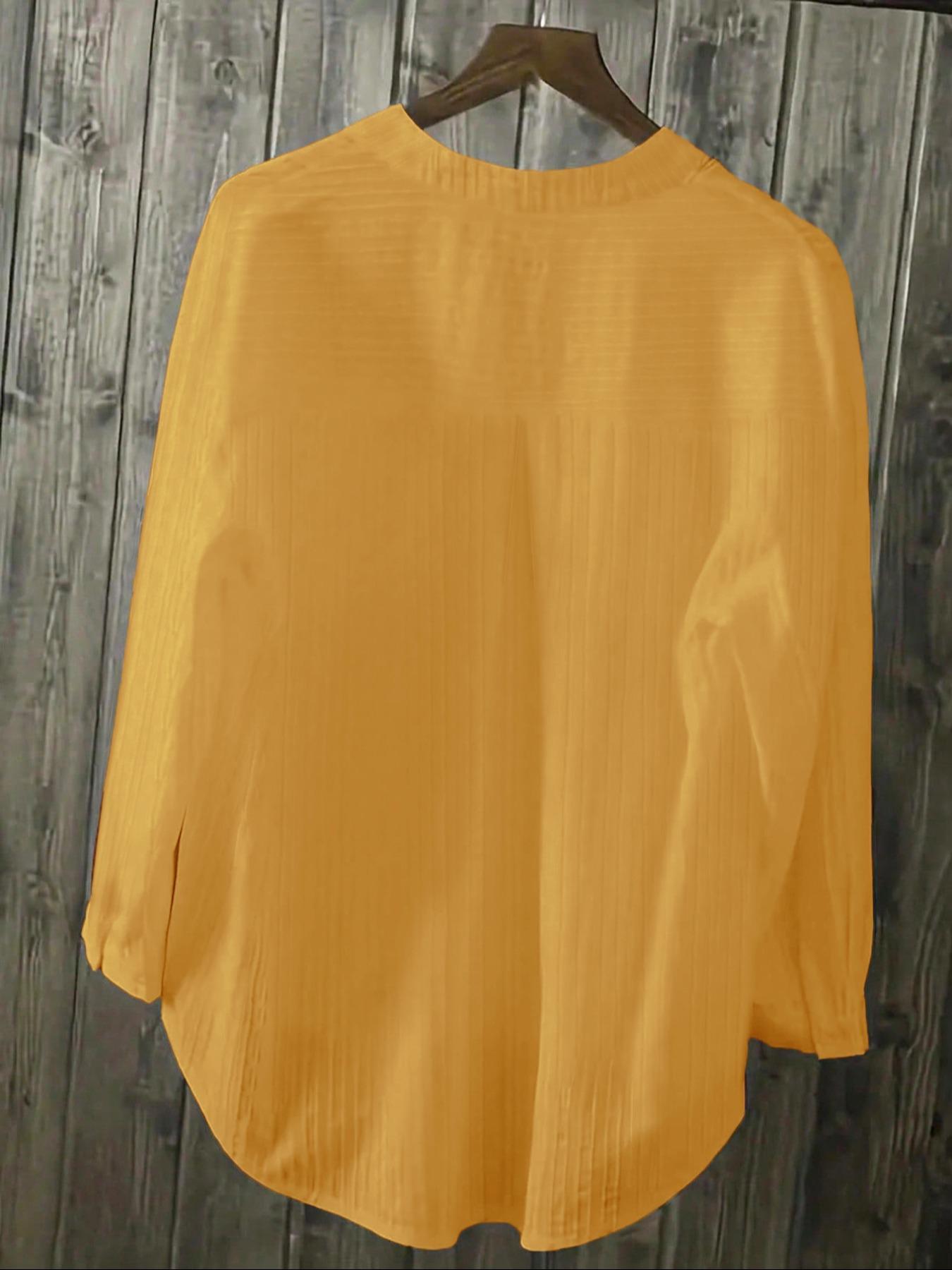 Women's Plain Button-Front High-Low Hem Shirt, Blouse, Casual Long-Sleeve Notched Neck Top for Daily Wear, Ladies Clothes for All Seasons