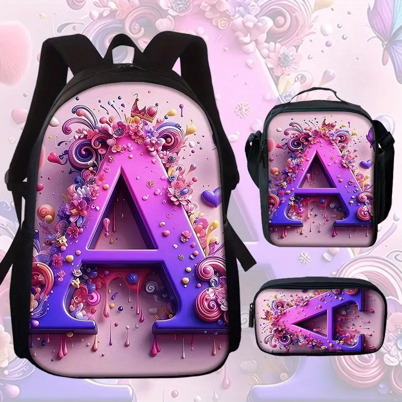 Preppy 3-Piece Synthetic Floral Letter Backpack Set - Large-Capacity Casual Backpack, Multi-Functional Pencil Case, Waterproof Lunch Bag with Adjustable Shoulder Straps, Zippered Details for School Travel, Backpacks For School, Back To School Shopping For