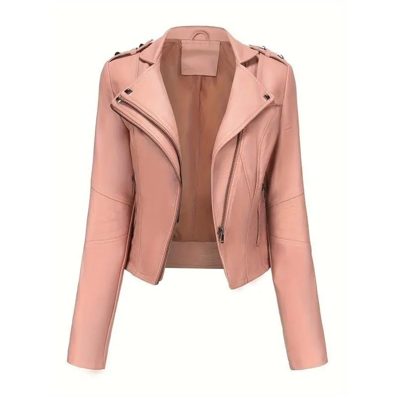 Slim Fit PU Jacket -Women's Short Sexy Motorcycle Suit with Rivet Decoration in Womenswear Coats Tops Comfort Outerwear Basic Casual Long  Black Chic Can be used with raincoat