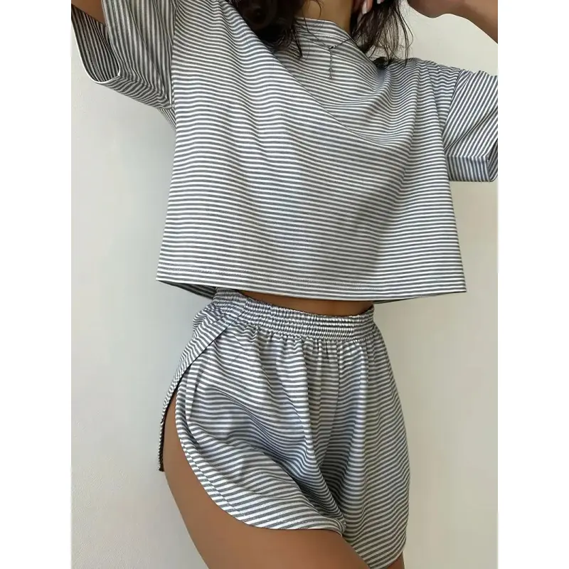 Women's Striped Print Drop Shoulder Tee & Wrap Split Shorts Pyjama Set, Casual Comfy Round Neck Short Sleeve T shirt & Elastic Waist Shorts Pj Set, Summer Outfits Womenswear Pajamas