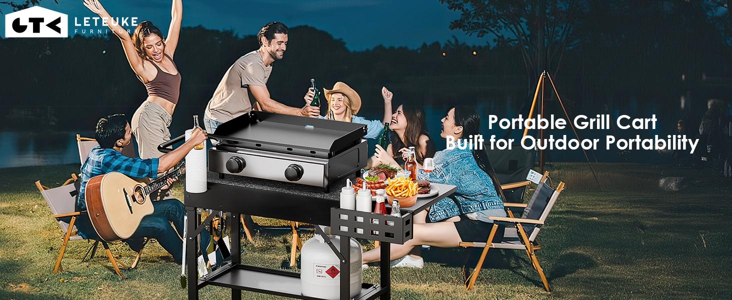 Leteuke Grill Cart for Blackstone Griddle, Portable Outdoor Grill Table, Foldable Cart Table with Wheels for Ninja Grill, Grill Cart Fit 17 Inch Or 22 Inch Griddle, BBQ Prep Table with Seasoning Tray camping furniture picnic Barbecue