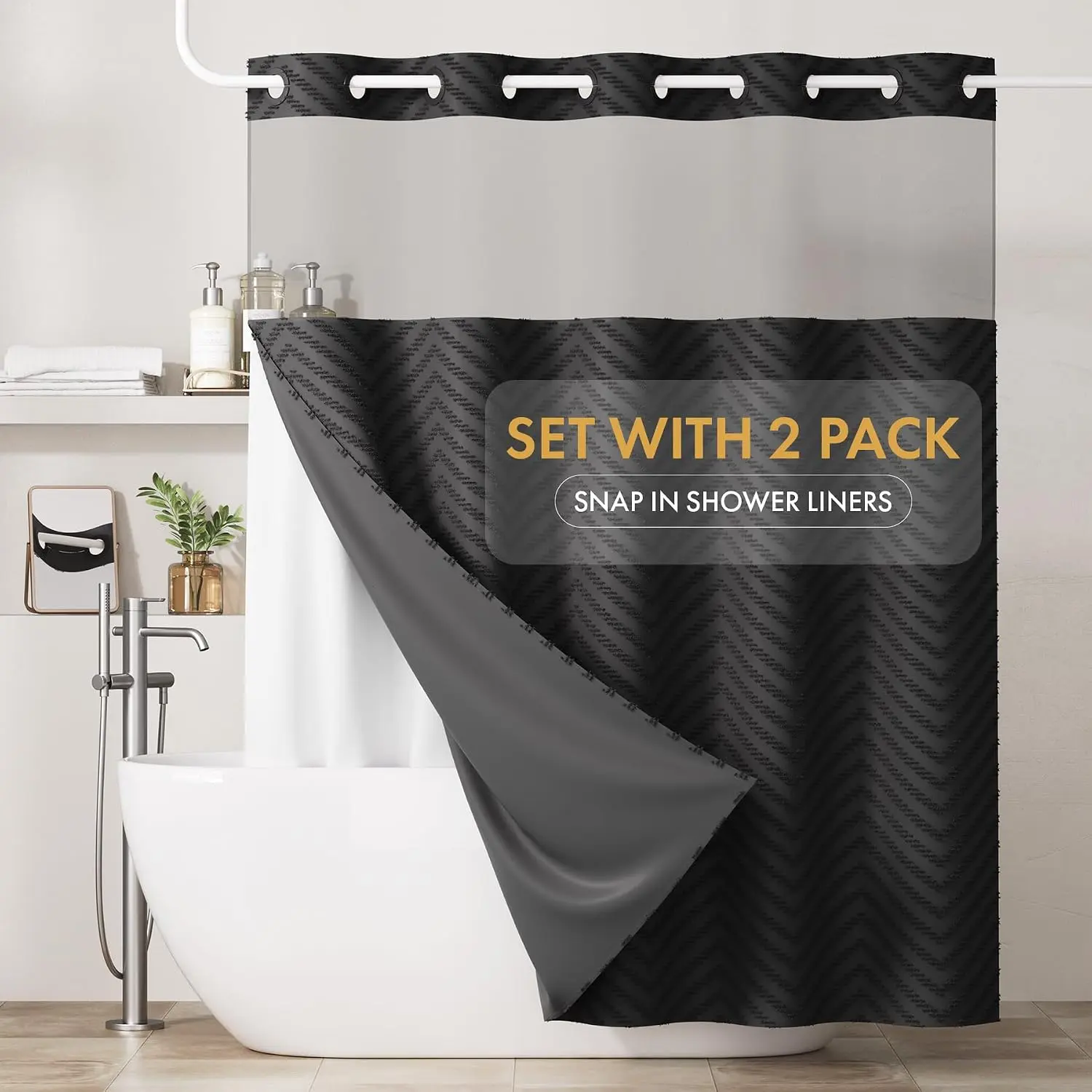 No Hook Shower Curtain and 2 Pack Removable Liner Set for , Black Snap in Shower Curtains Chevron Tufted Water Resistant with Through Mesh Top Window for Bathroom Hotel 72" x 74"