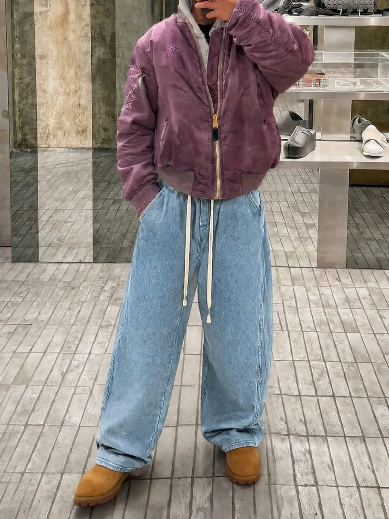 Men’s Light Blue Washed Jacquard Jeans with Drawstring Waist and Vertical Panel Seams, Baggy Wide Leg Y2K Streetwear Denim Pants
