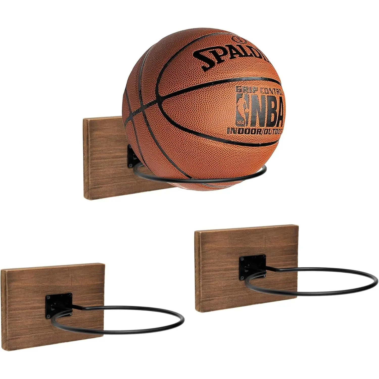 Set of 3 Wood Basketball Holder Wall Mount Display - Metal Ball Rack Stand for Basketball, Football, Volleyball Storage - Sports Decor for Boys Bedroom