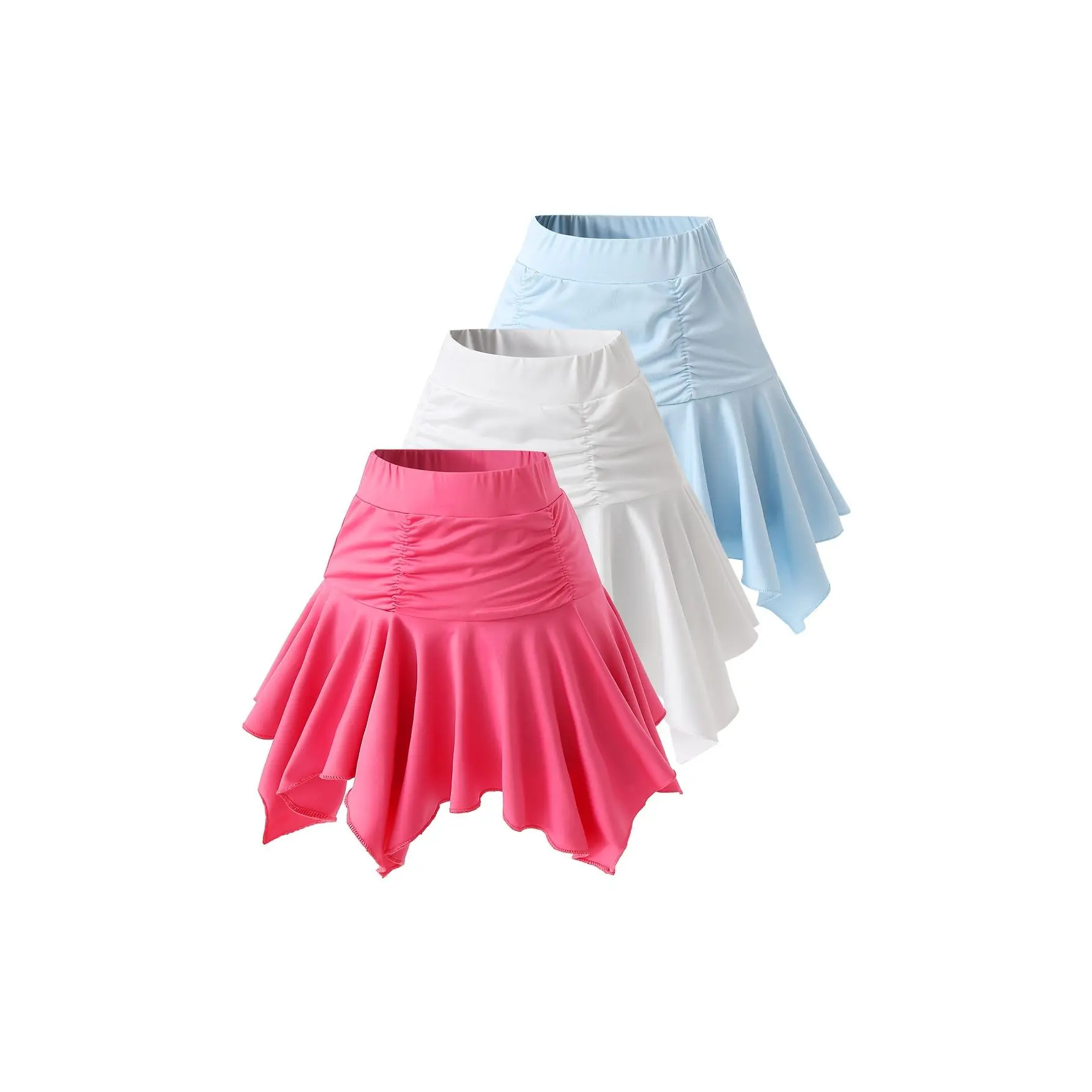 3-Pack Girls' Summer High-Waisted Pleated Asymmetrical Hem Ruffle Active Skirt Children's Tennis And Dance Skirts