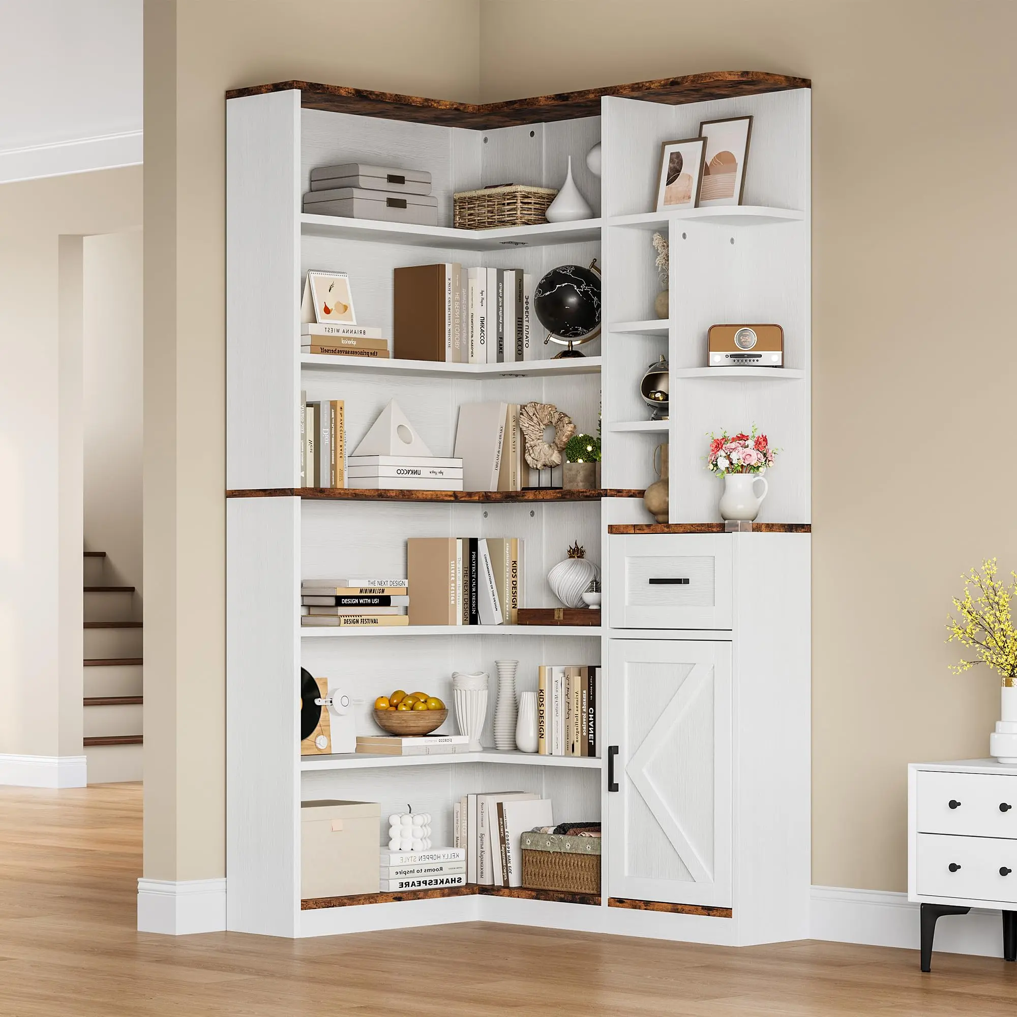74'' Tall Corner Wooden Bookshelf - L-Shaped 6-Tier Storage Bookcase with Drawer, Cabinets & Open Shelves, Floor Standing Display Cabinet Living Room Furniture for Bedroom, Home Office