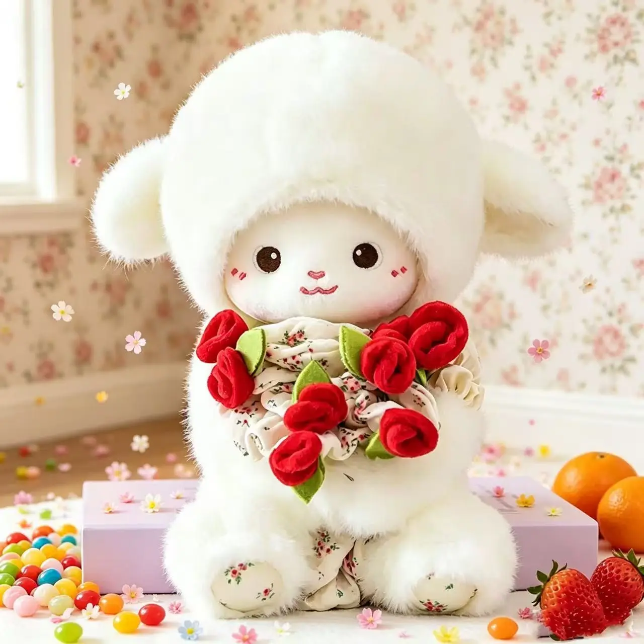 Plush Bunny Doll with Stretchable Rose, Magnetic Flower Design, Transformable Hat and Bouquet, Creative Gift Idea, Bunny Stuffed Animal, Rabbit Doll, Soft Adorable Stuffed
