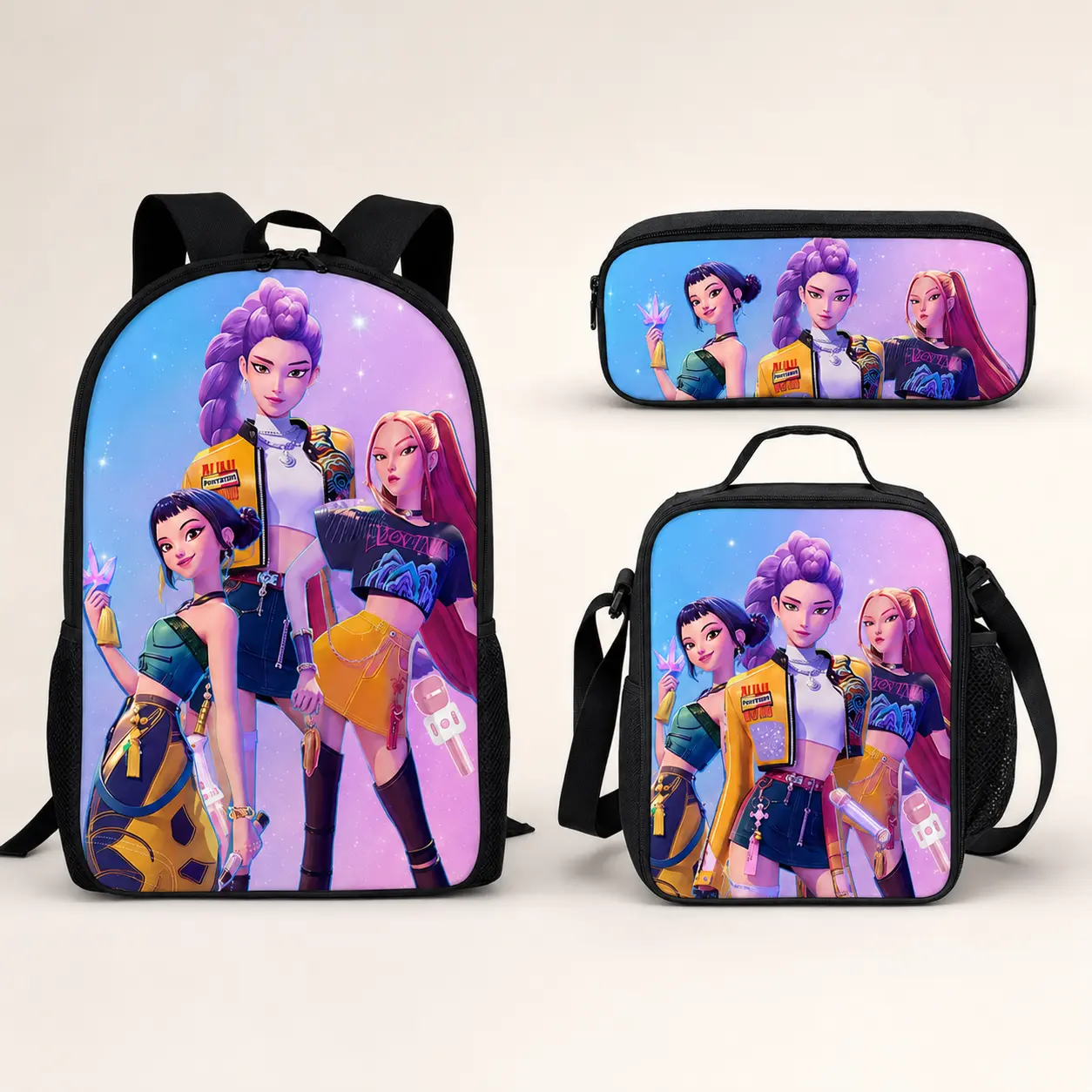 3D Idol Girl Group K-Pop Kids Backpack, Backpack Only or 3-Piece School Set with Lunch Bag & Pencil Case, Colorful Back to School Bookbag for Girls