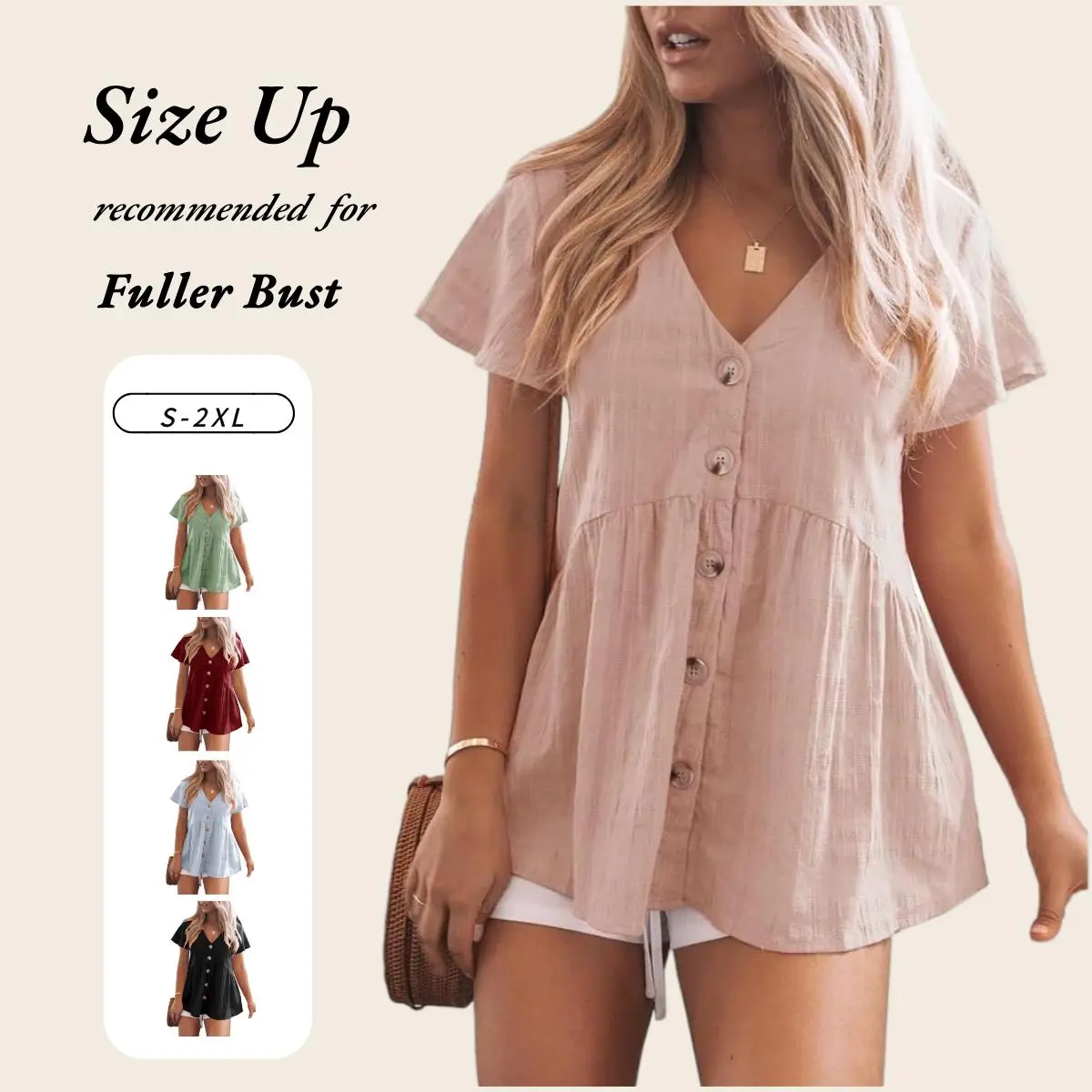 Imily Bela Womens Short Sleeve V Neck Blouse Button Down Shirt Loose Casual Ruffle Hem Babydoll Peplum Tops