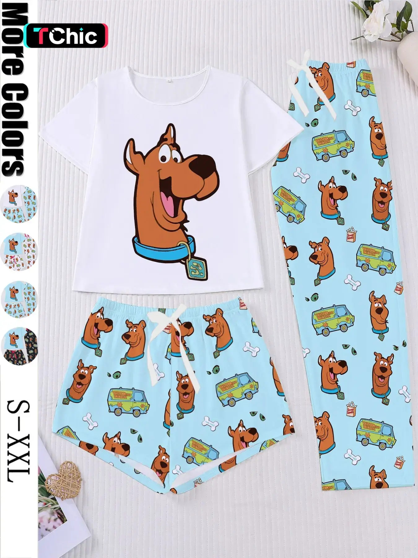 3-Piece Cartoon Dog Print Women's Pajama Set, Short Sleeve Round Neck Top, Elastic Shorts and Pants, Elegant Daily Wear, Holiday Party Clothing