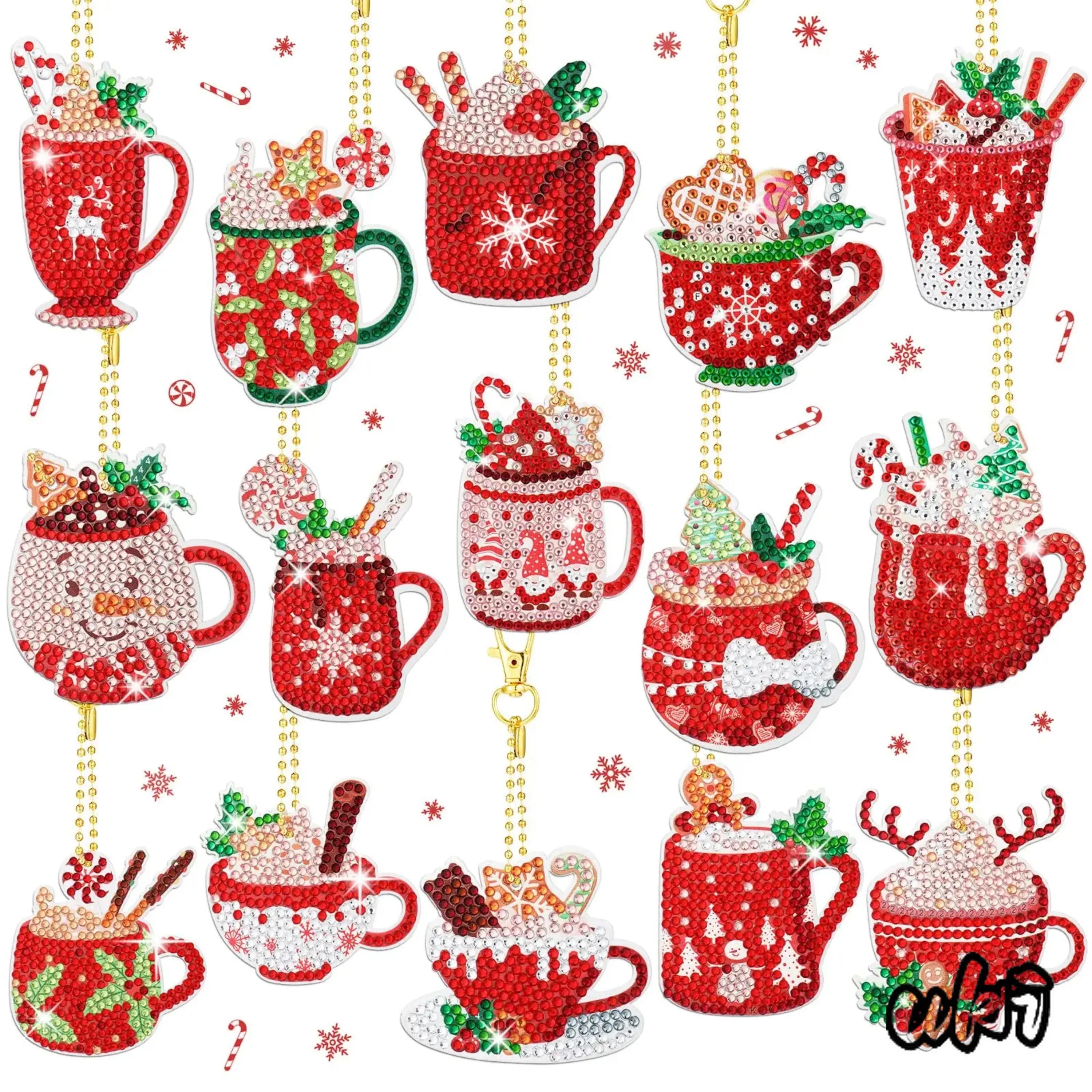 15-Pack 5D Diamond Painting Keychain Ornaments, DIY Crafts with Cute Designs for Christmas Holiday, Kids’ Keychains/Decor DIY Bag Accessory Kit, Christmas Tree Hanging Decoration, Household, Artwork, Hot Cocoa, Adorn Christmas Tree