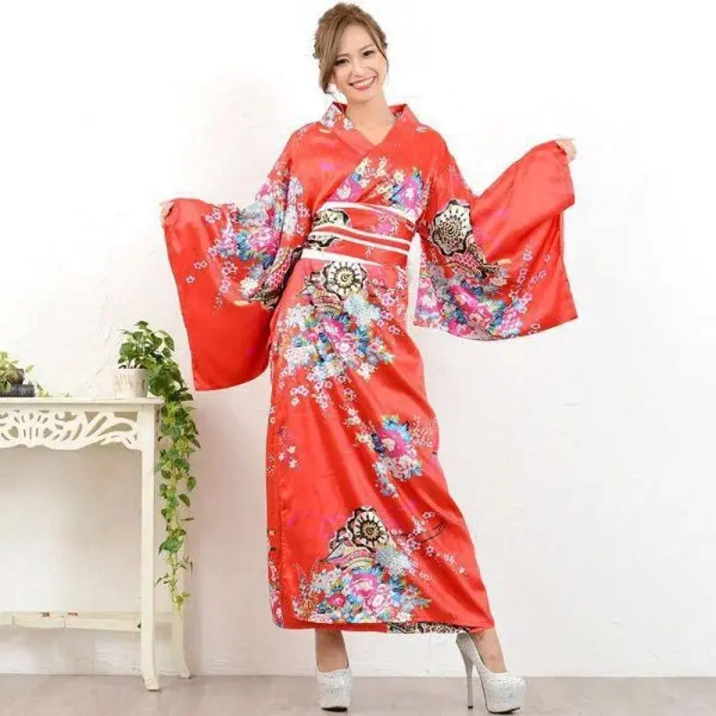 Women Japanese Sakura Kimono Yukata Floral Print One Size Cosplay Costume for Halloween Party Photography Stage Performance