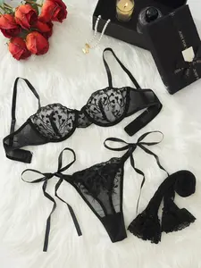 Women's Embroidery Lace Sexy Lingerie Set, Push Up Bra & Thong & Garter Belt & Stockings, Lingerie Set for Women sexy  dormir elegante cool girl outfits