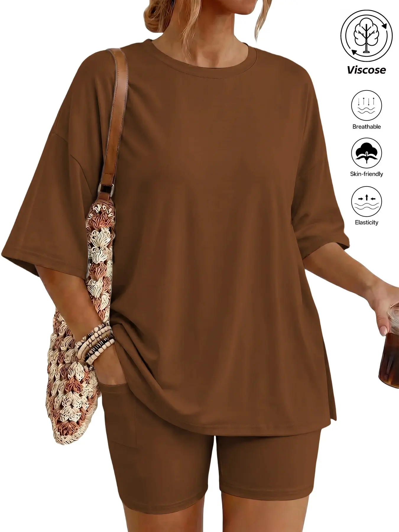 Women's Two Piece Lounge Set, 2026 Summer Casual Basic Oversized Shirts & Biker Shorts, Fitted Plain Design, Perfect for Airport Travel