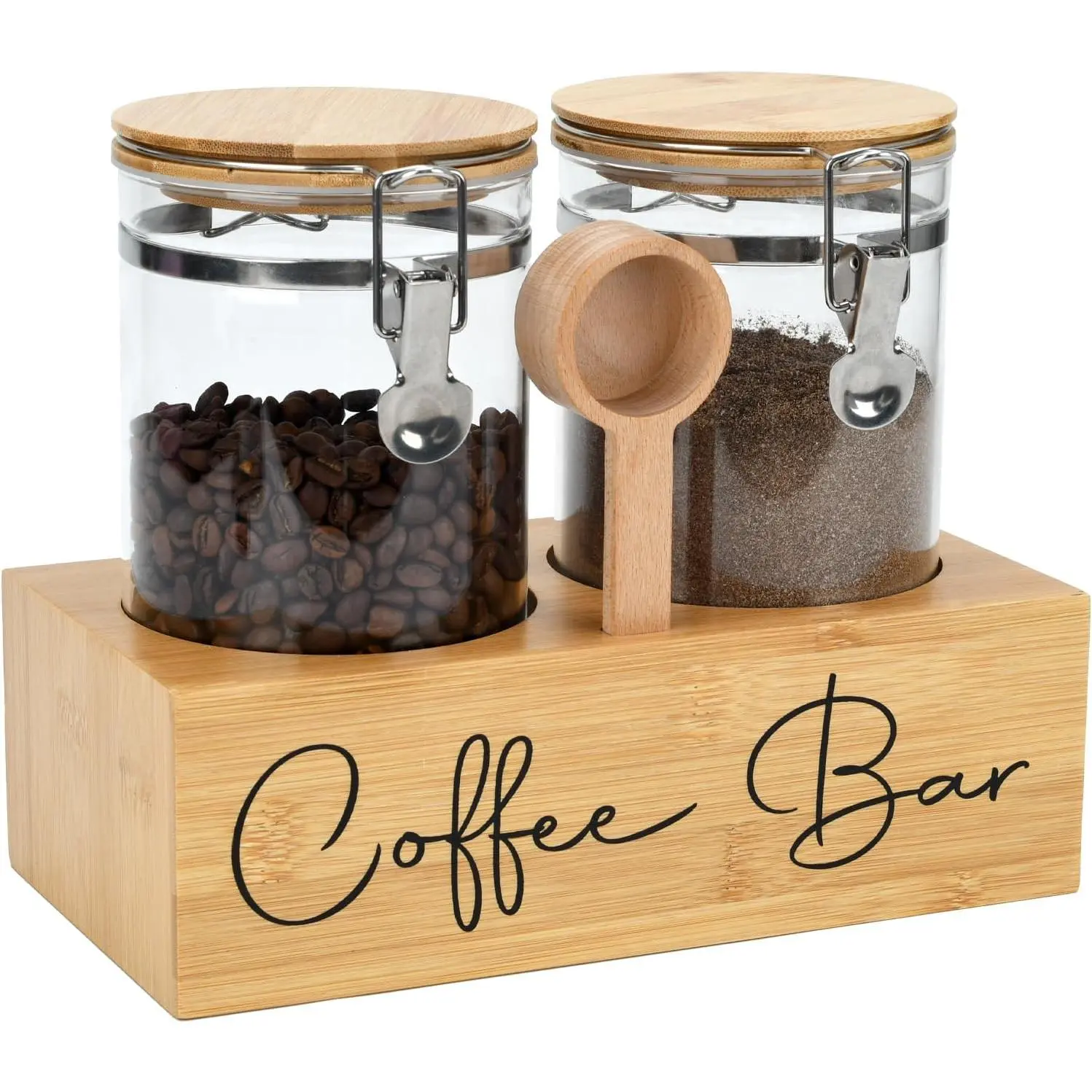 Glass Coffee Canister Set with  Shelf & Spoon - 2 Airtight Containers (47oz Each) for Coffee Beans, Ground Coffee, Sugar, Flour - Borosilicate Glass &  Lid with  Seal