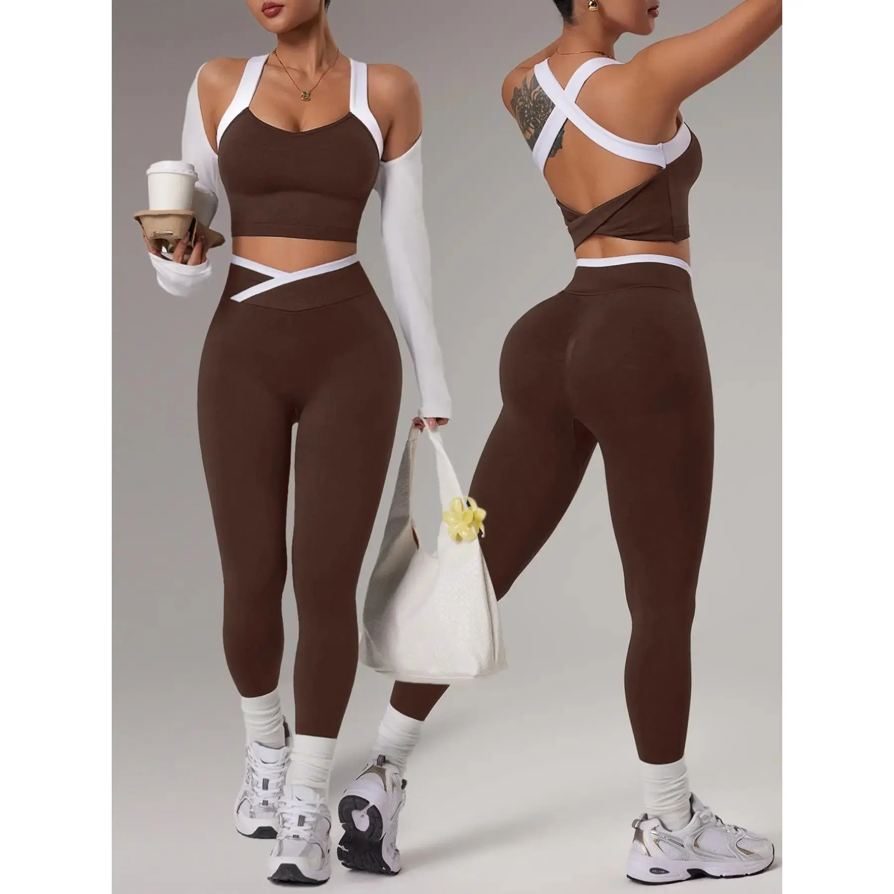 Women's 2-Piece Colorblock Seamless Stretchy Sportswear Set, Yoga Workout Outfit, Fitness Clothing for Outdoor Indoor Activities, Running Hiking Walking Pilates, Suitable for All Seasons