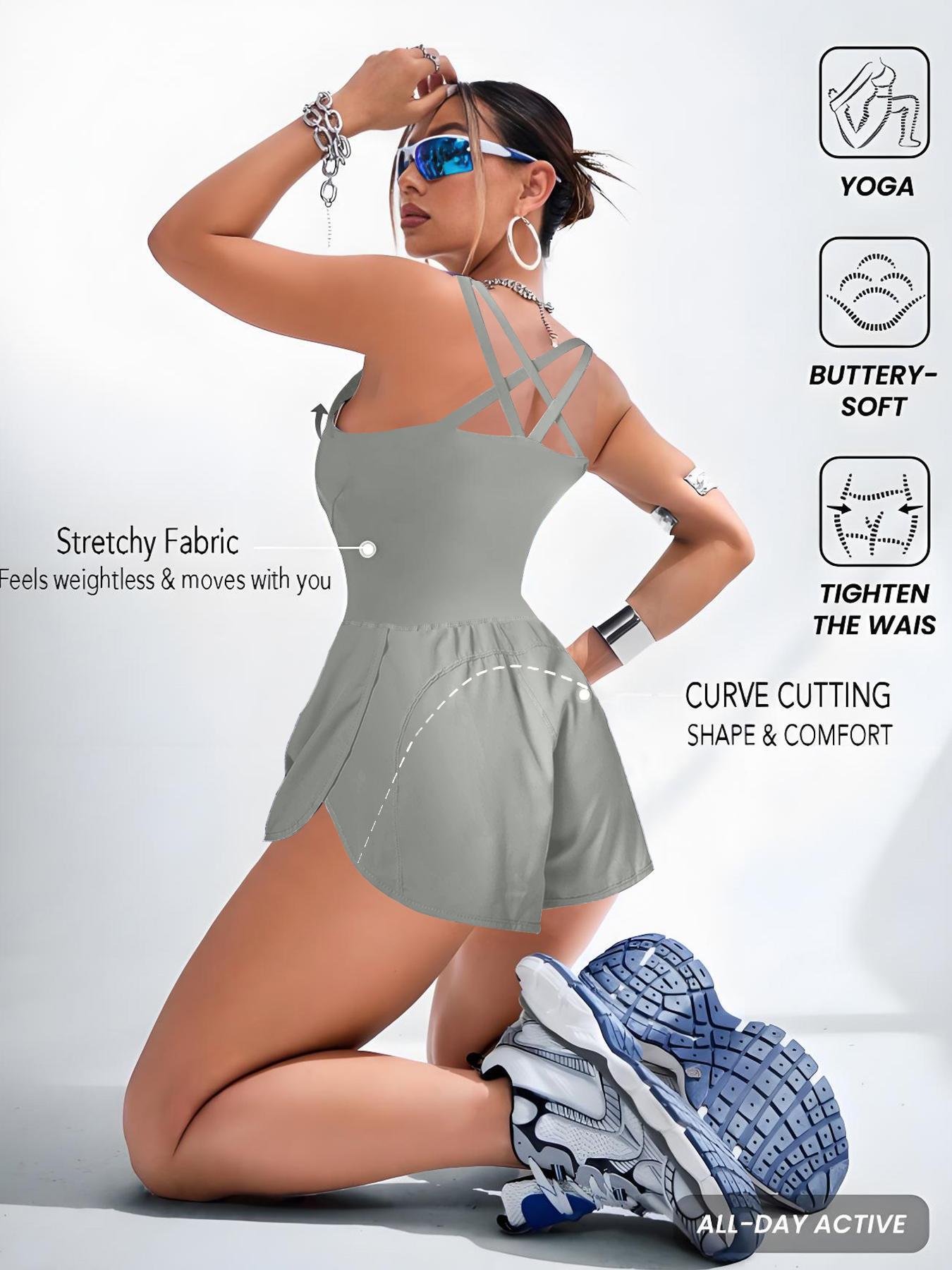 Women's Solid-Color Racerback Sports Romper, Athletic Workout Romper with Removable Chest Pads, High Waisted Romper, Casual Comfy Breathable Sleeveless Jumpsuit for Yoga, Gym and Workouts, Stretch Sportswear for All Seasons