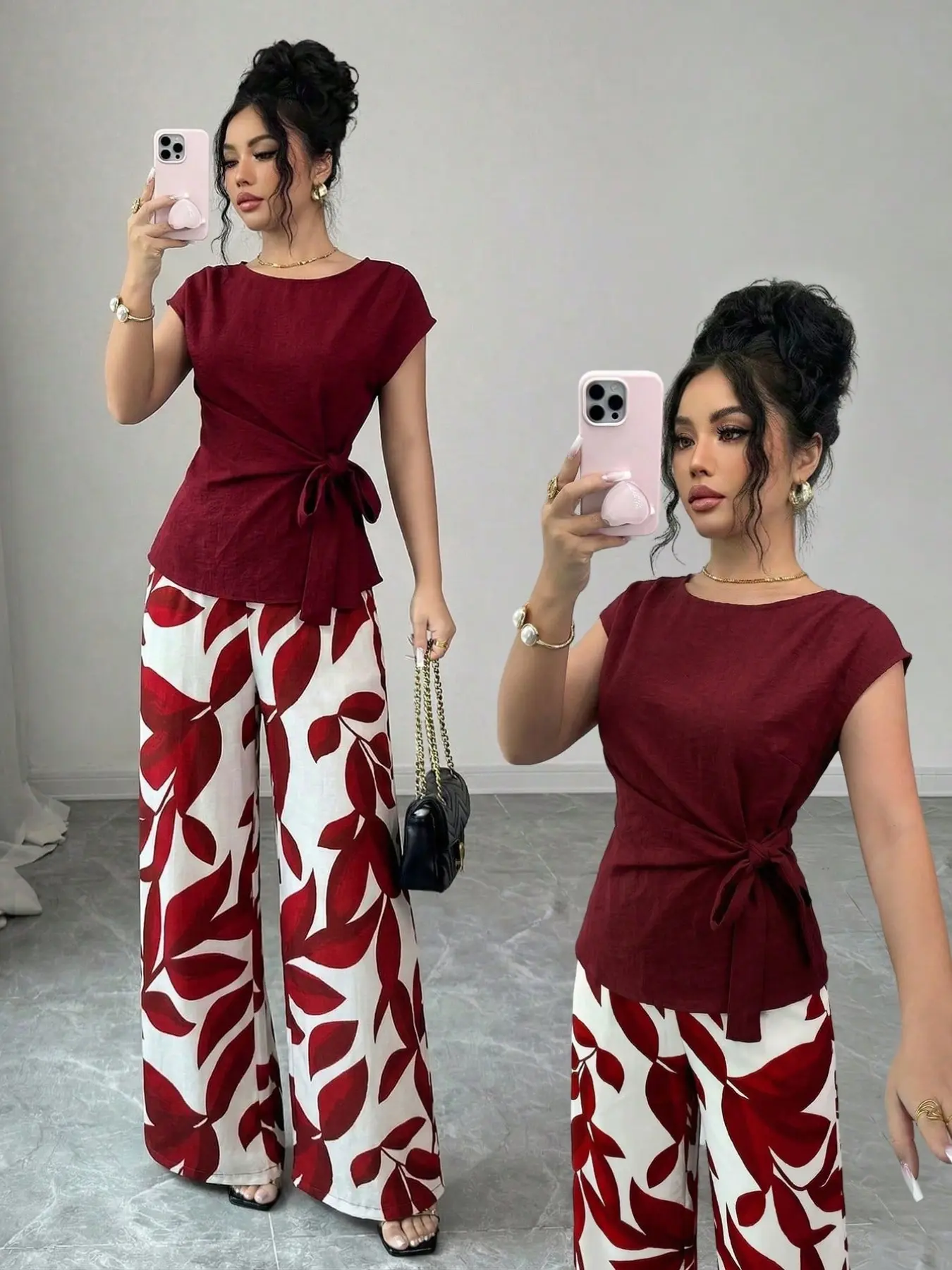 Women's Elegant Chic Sleeveless Ruched Waist Top + Leaf Print Wide Leg Pants Set, Wine, Spring Summer, Casual Office Wear