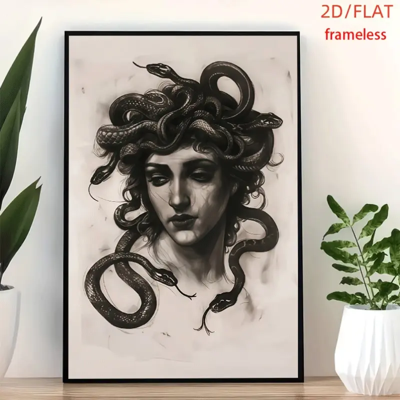 frameless Medusa Snake Decal Art Decor Print Poster, Wall Art for Living Room, Bedroom, Office, Dining Room & Bar, Perfect Gift & Home Decor, 12in x 16in