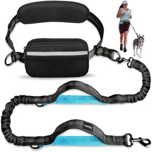 Hands Free Dog Running Leash with Zipper Pouch, Dual Handle, Elastic Retractable Bungee Rope, Waist Bag for Phones, Fits Medium & Large Dogs 25-120lb, Ideal for Walking Hiking Biking