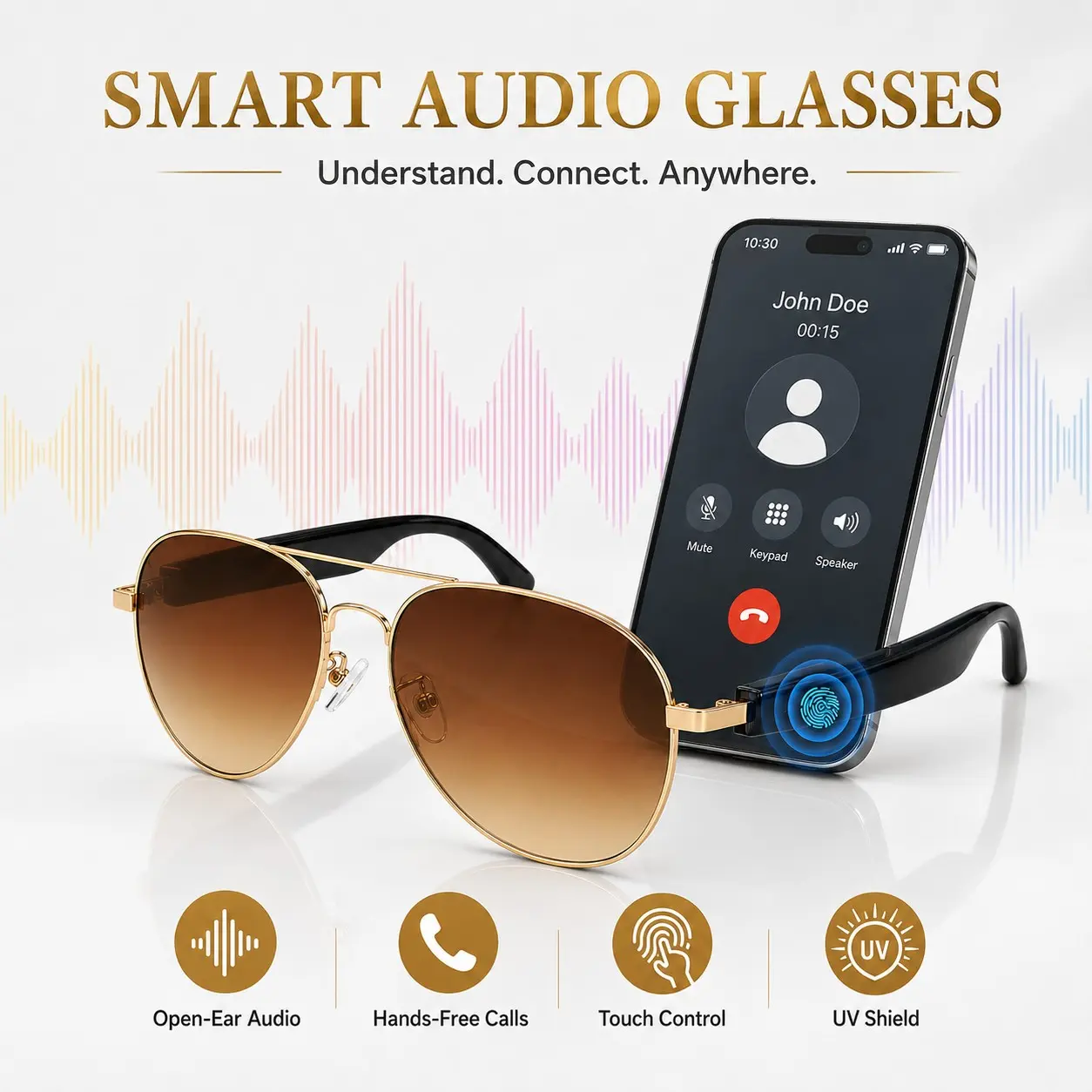 Smart Bluetooth Audio Sunglasses with Mic and Speakers, Open-Ear Listening, Touch Control, Voice Control, Music Playback, UV400 Glasses, Rechargeable for Driving Cycling Running Travel