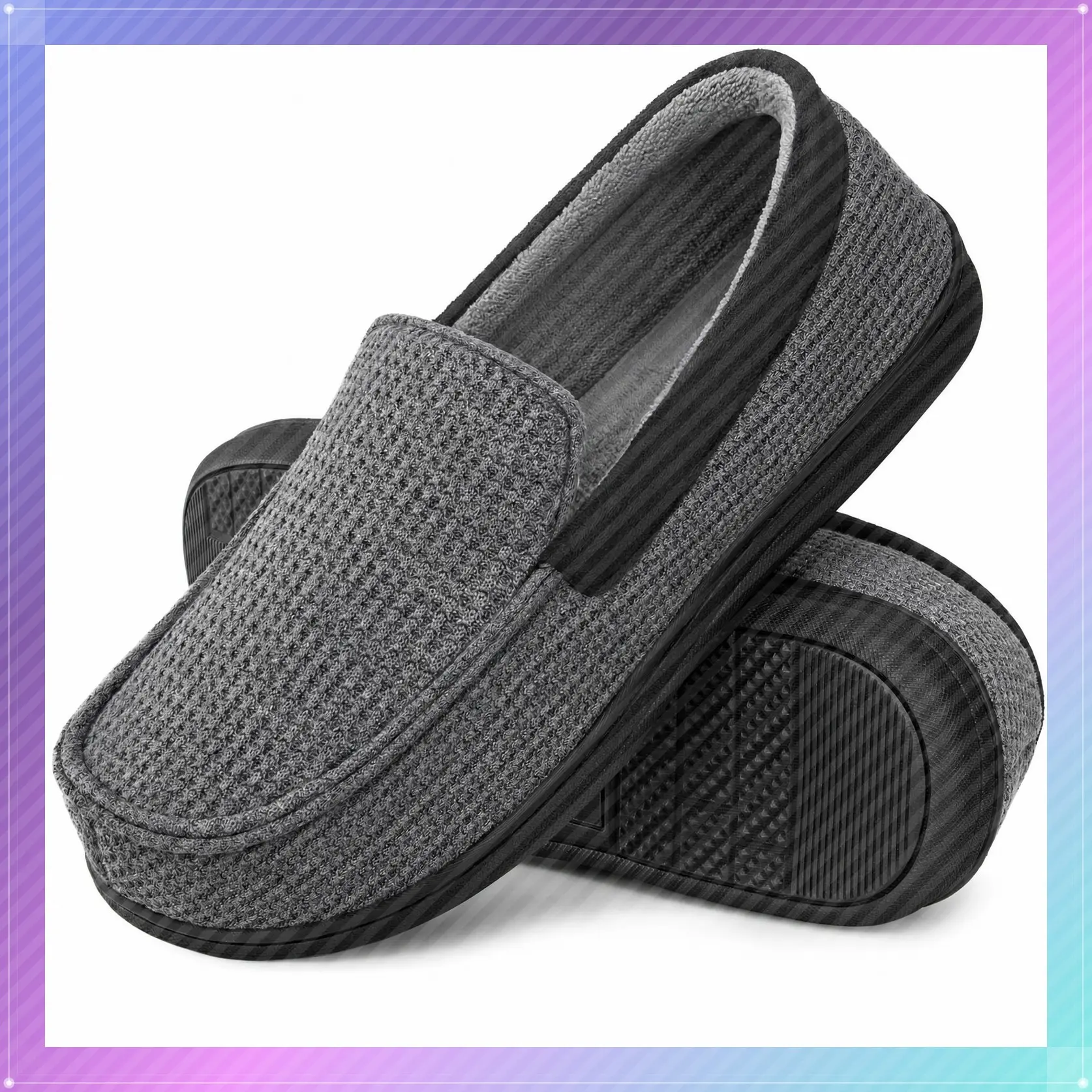 Men's Knit Moccasin Slippers with Memory Foam House Shoes Indoor Outdoor, Breathable, Fleece Lining, Machine Washable, Non-SlipGift