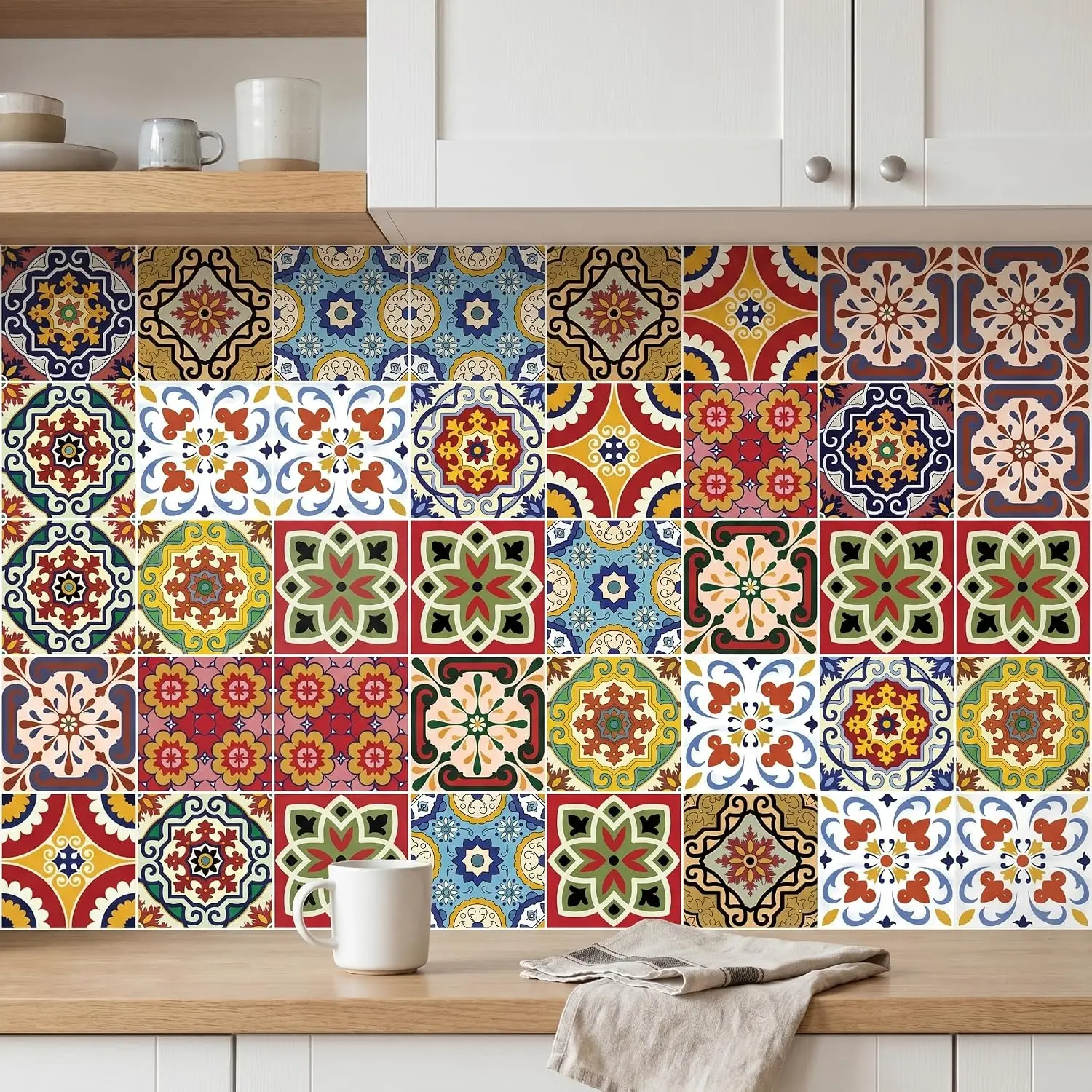 30 Pack, 4x4 Inch Mediterranean Tile Stickers, Colorful Vintage Peel and Stick Backsplash, Boho Decorative Vinyl Decals for Kitchen