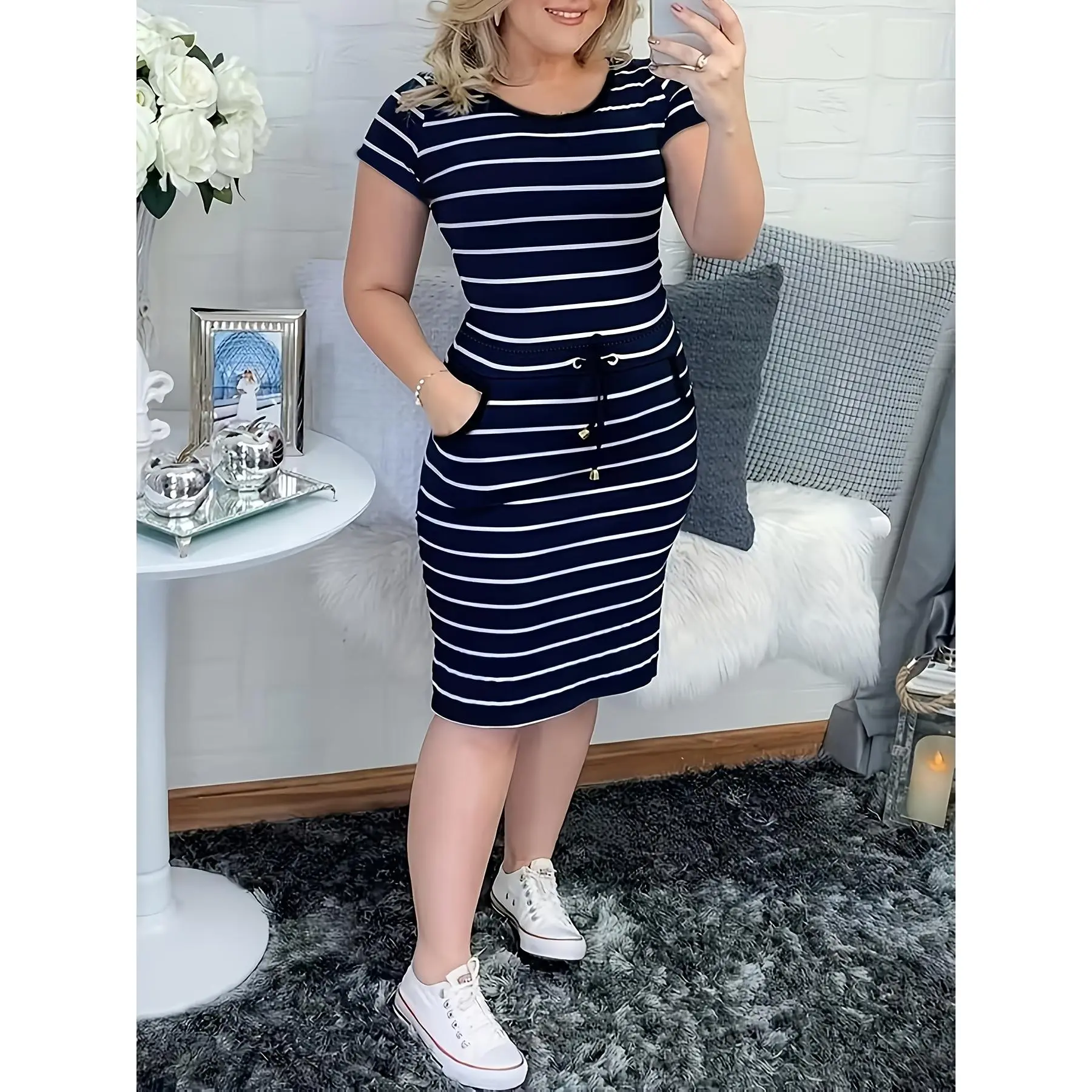 Women's Fitted Spring-Summer New Casual Crew Neck Knit Polyester Dress with 2 Double Pockets & Drawstring