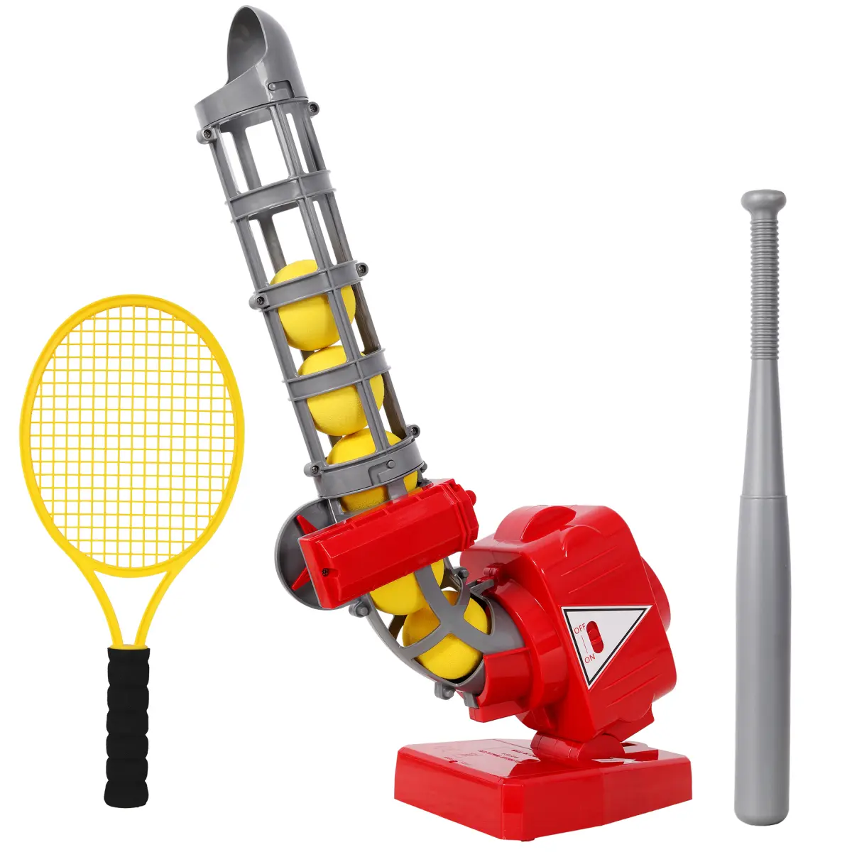 Kids Baseball & Tennis Pitching Machine, Automatic Ball Tosser Trainer with Adjustable Launch Angle, Includes Baseball Bat and Tennis Racket for Kids Beginners Boys Girls Outdoor Sports Play