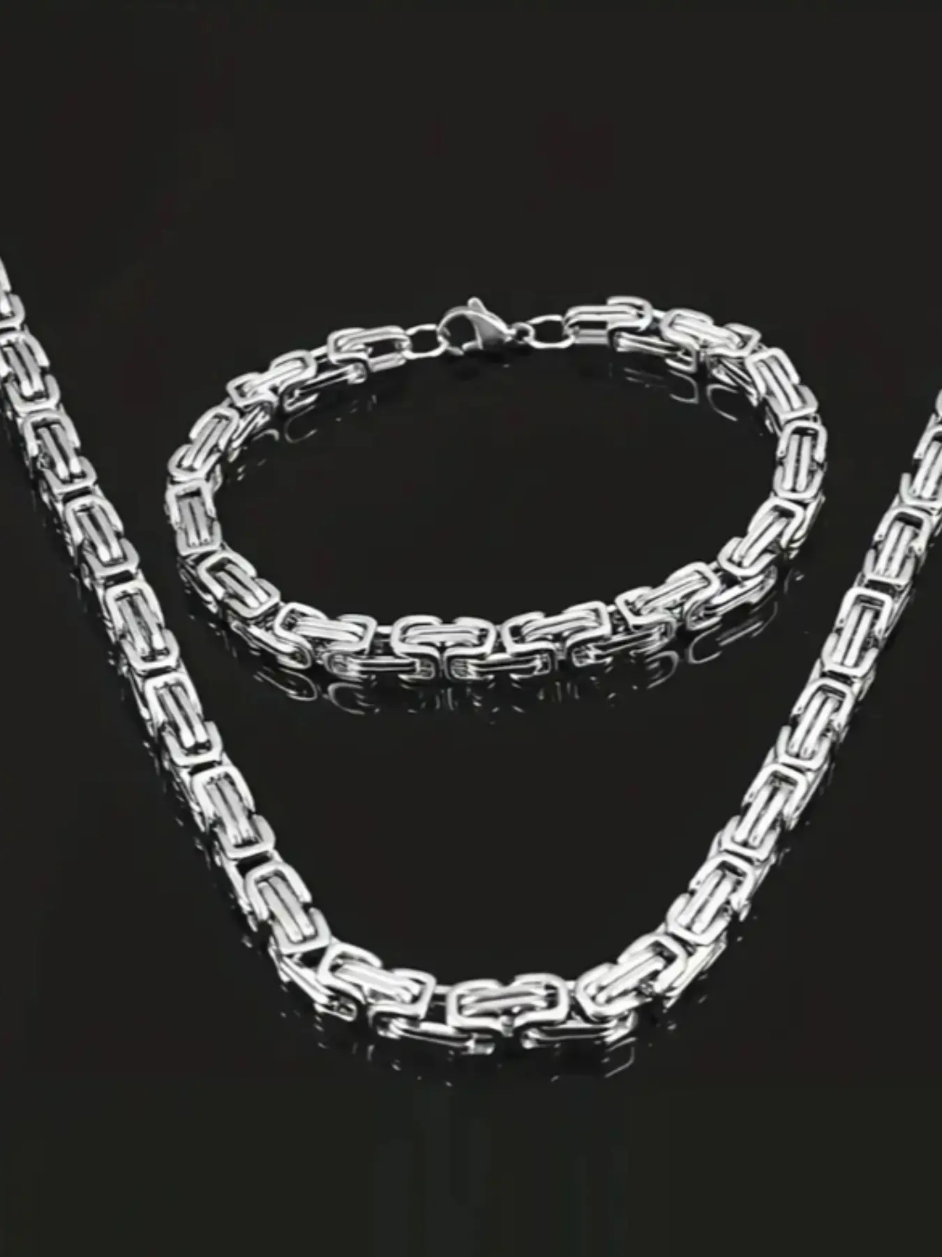 Men's Stainless Steel Necklace and Bracelet Matching Jewelry Set, Punk Style Edge Design Byzantine Chain Jewelry, Fashion Accessory for All Seasons