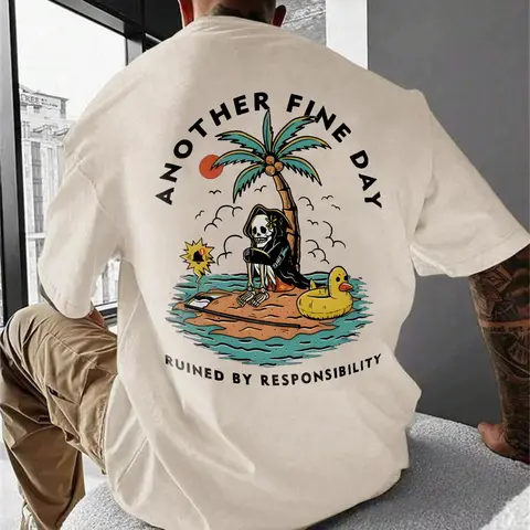 Men's Skull & Beach Print Round Neck Tee, Regular Fit Casual Streetwear Short Sleeve T-shirt, Men's Summer Top for Daily Wear, Tropical, Island, Menswear, Long, Clothes, Casual Printed