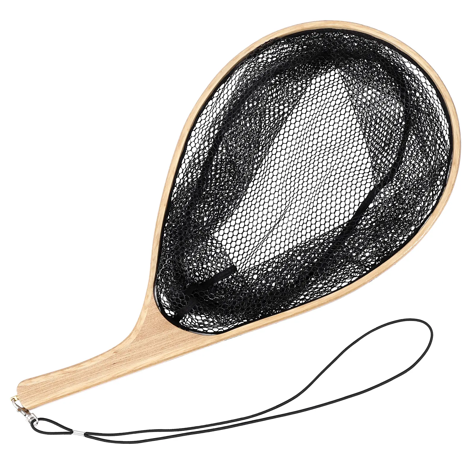 Curved Wooden Handle Fly Fishing Landing Net – Lightweight & Portable – Rubber-Coated Deep Polyester Mesh for Trout – Ideal for Freshwater & Saltwater – Catch and Release