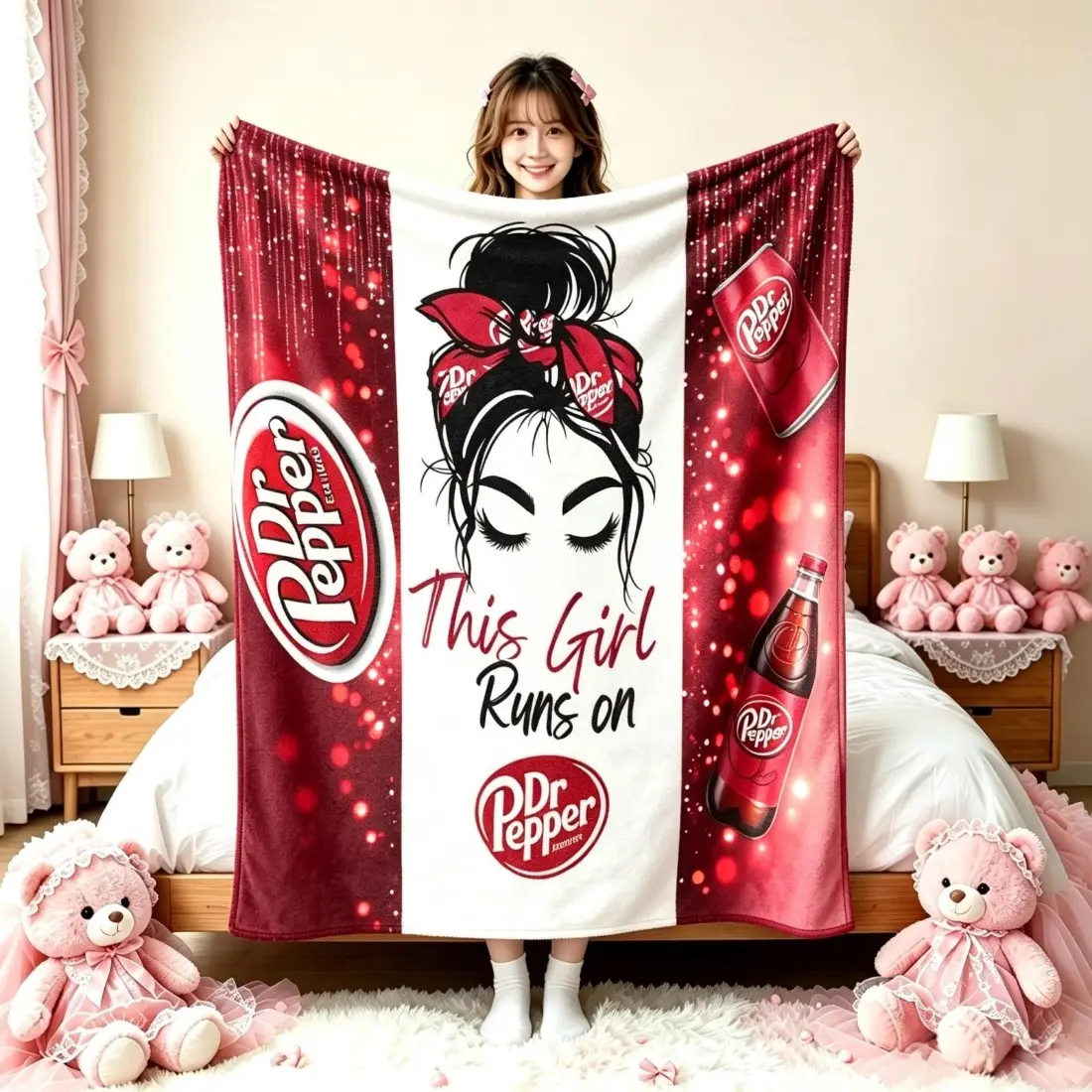 Polyester Flannel Throw Blanket - "This Girl Runs On Pepper" Red Glitter Coquette Lady Silhouette Soda Print Soft Cover, Cozy Warm Home Decor Item, Ideal for Bedroom/Sofa Use, Blanket Gift for Female Dr Pepper Fans, Soft Blankets, Blanket Gifts