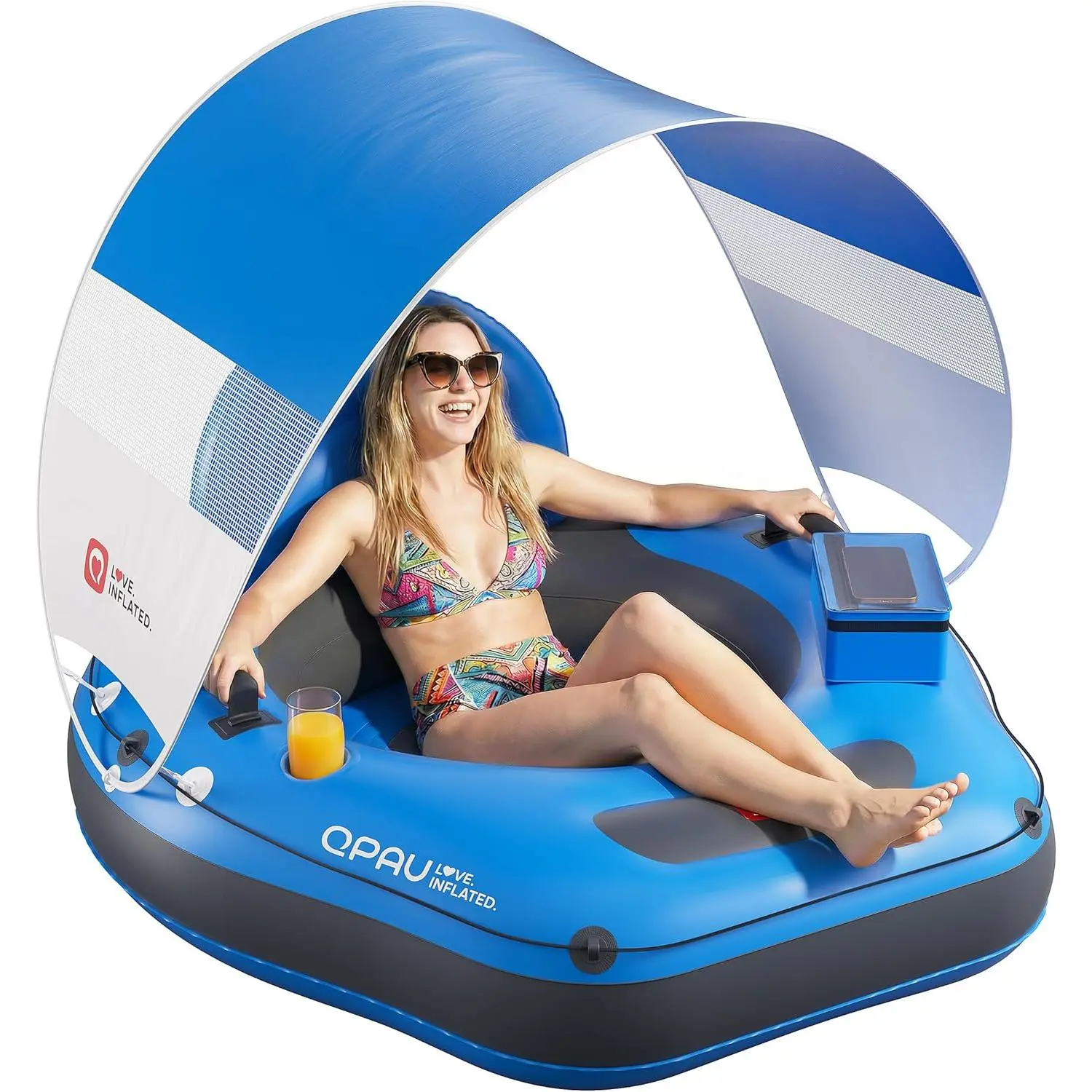 46" Inflatable River Tube with Removable Sun Shade Canopy, Heavy-Duty Floating Tube for Adults, Ergonomic Legrest & Backrest, Waterproof Bag & Cup Holders, Ideal for Rivers, Lakes, Pools