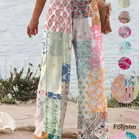 Women's Patchwork Print Elastic Waist Wide Leg Pants, Casual Loose Pants, Boho Bohemian Casual Trousers for Beach Vacation Holiday, Ladies Bottoms for All Seasons