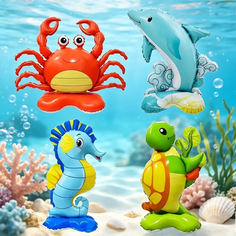 5-Piece Ocean Animal Aluminum Foil Balloon Set, Seahorse Turtle Dolphin Crab, Perfect for Ocean-Themed Birthday Party，Summer Pool Party，Seaside vacation homestay decoration，Aquarium-themed party decorations, baby shower decorations