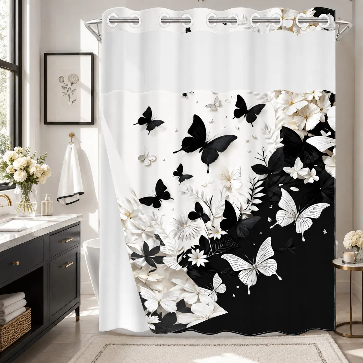 1PC 2D Flat Black & White Butterfly, Floral Vine Pattern Double-Layer Woven Shower Curtain, No Hooks, Transparent Top Window, Removable Snap-On Liner, Modern Monochrome Bathroom Art Decor, Bathroom & Holiday Decoration