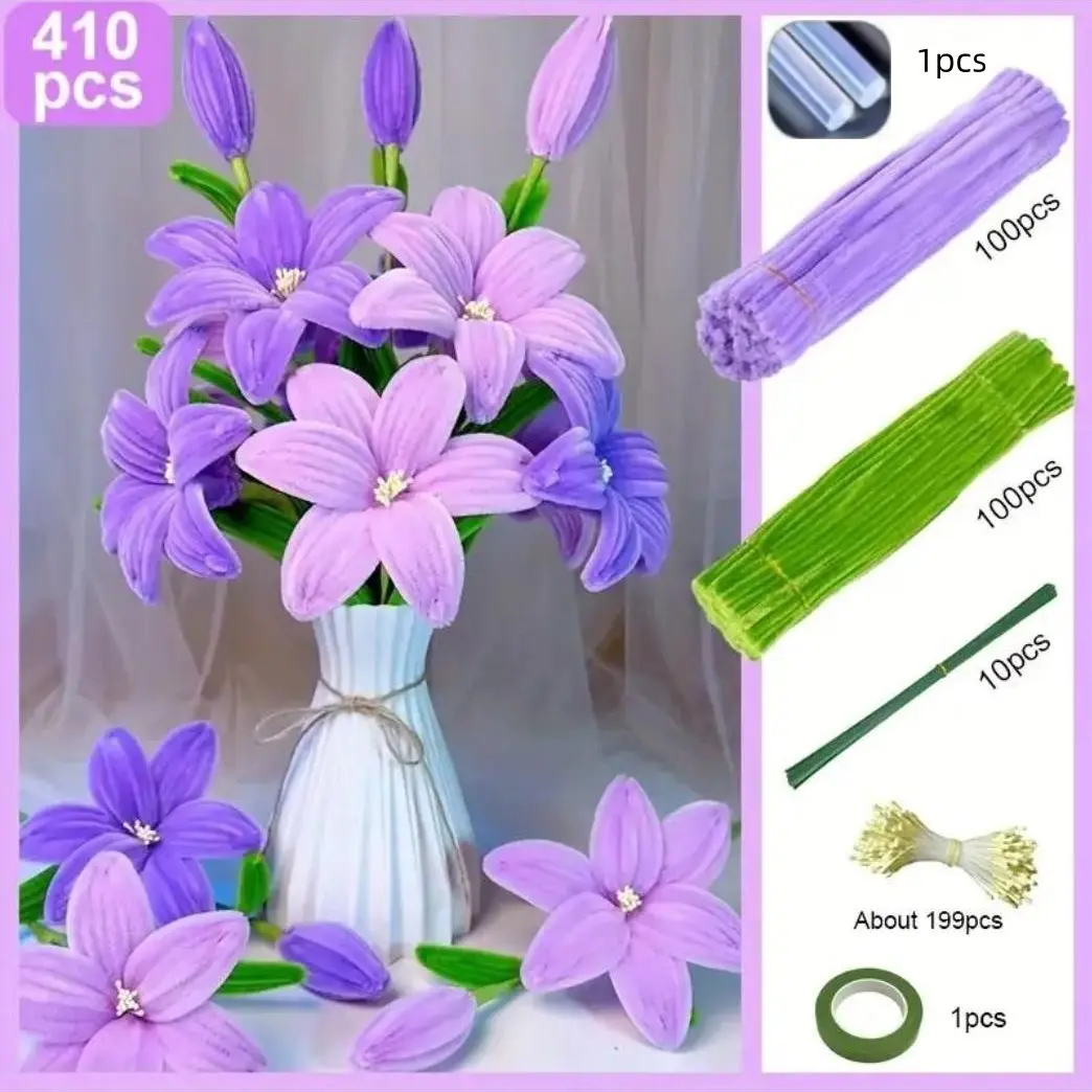 410-Piece Lily/tulip Pipe Cleaning Kit, DIY Craft Supplies, Includes Flower Stems, Glue Tape, Stamens, Snowy Stem Flowers