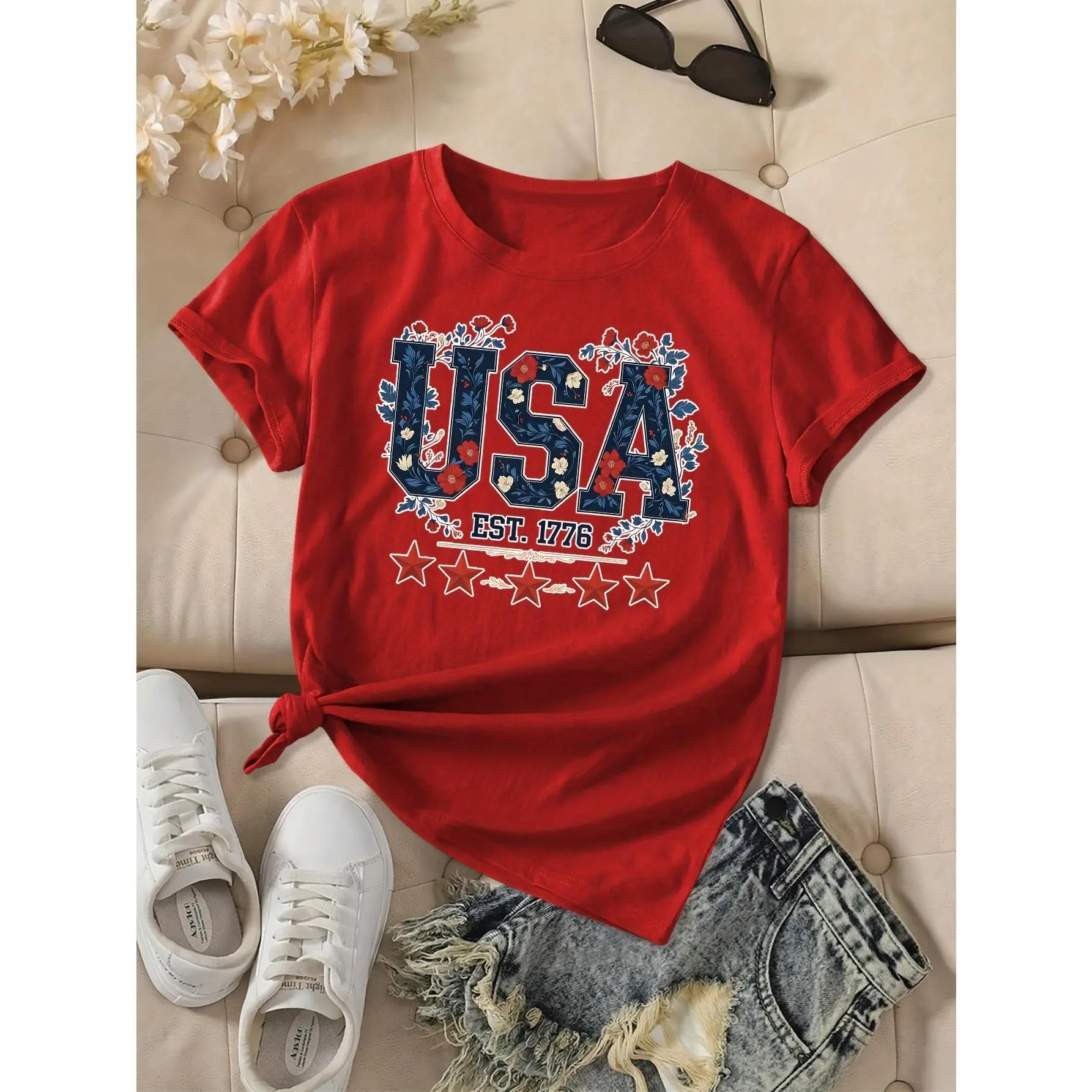 Women's Chic Patriotic USA 1776 Vintage Graphic Short-Sleeve Round Neck Casual Top - Red, Stars & Stripes Design, Solid Undershirt Alternative, All-Season Comfort, Machine Washable, Sizes S-XXXL
