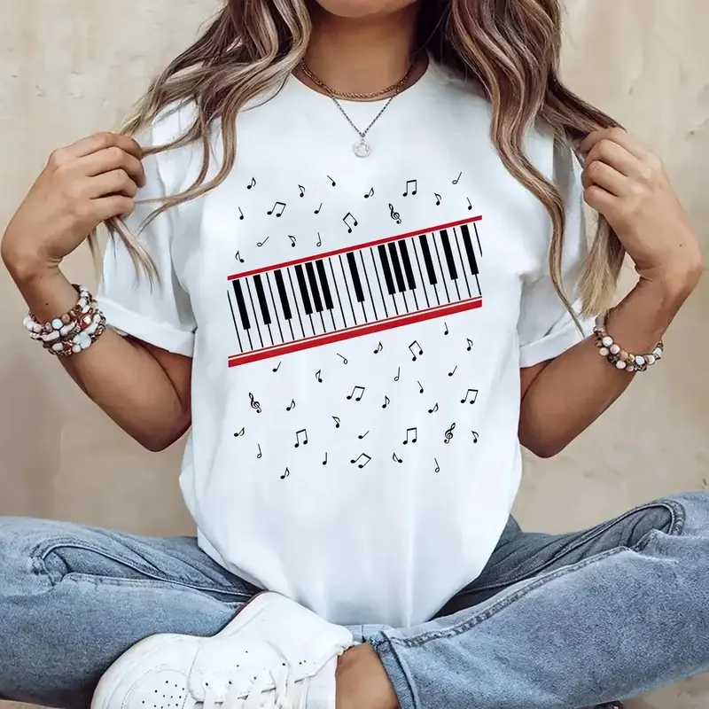 Women's Shortsleeve Round Neck Casual Relaxed Cotton T-Shirt - Michael Jackson King of Pop Fan Merch with Beat It Piano Key Graphic