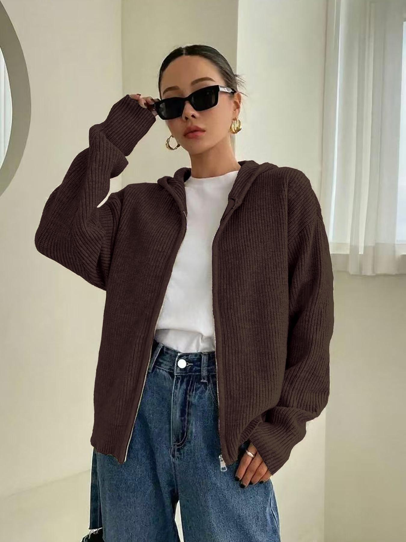 Women's Solid-Color Zip-Up Hooded Cardigan, Casual Fit Long Sleeve Knitwear for Fall & Winter, Ladies' Fashion Sweater for Daily Wear