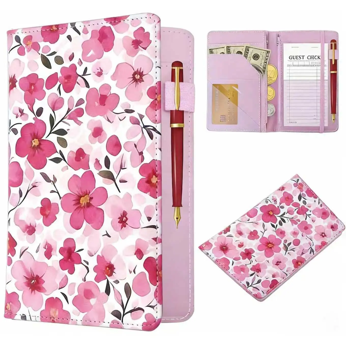PU Leather Server Book with 2 Zippered Pockets, Elastic Closure & Sturdy Writing Pad - Compact Order Holder for Waitstaff, Fits Aprons, Stores Tips & Cards (Hot-Flower)
