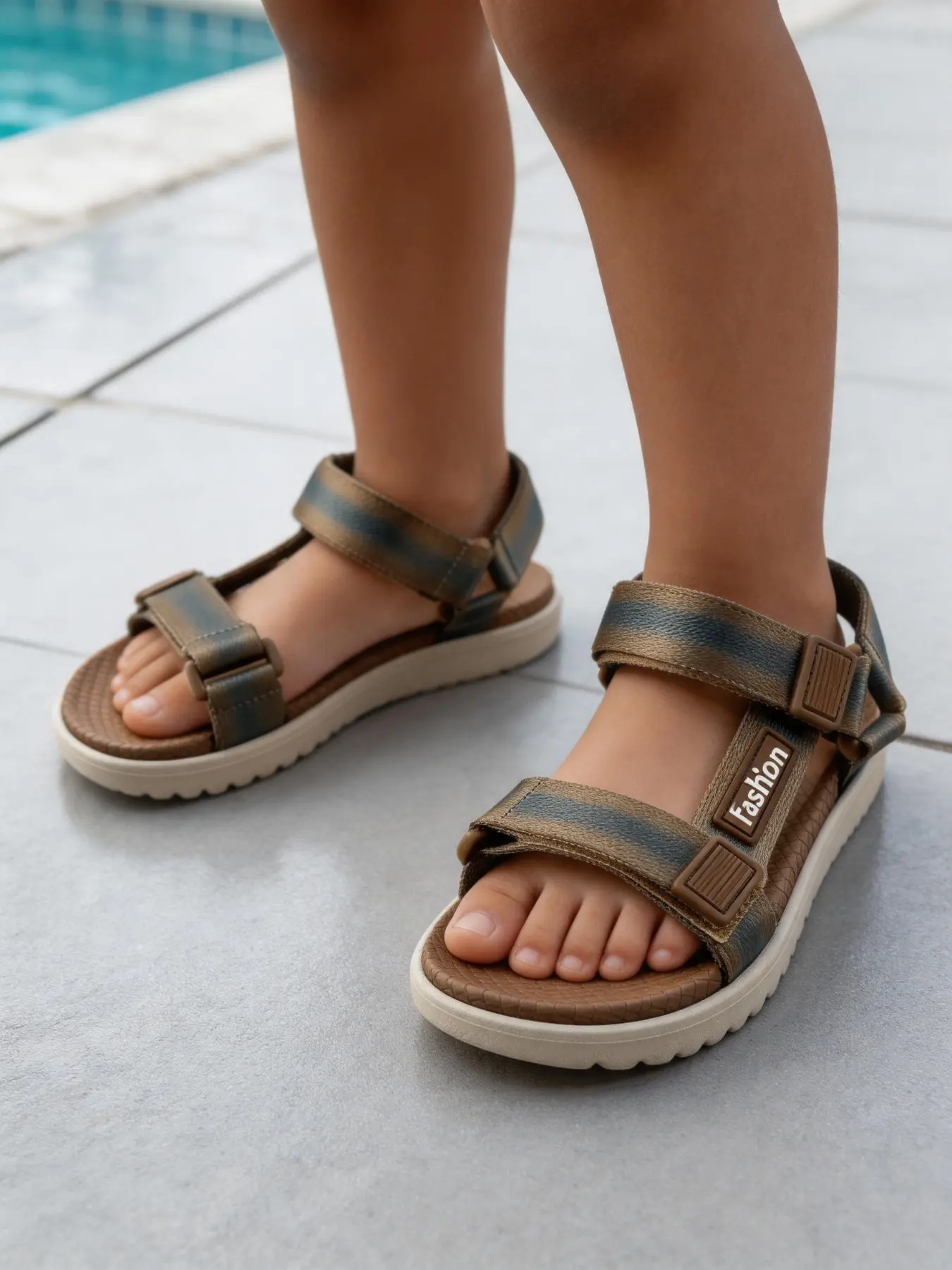 Boy Summer Sandals, Athletic Sandals, Sporty Style, Adjustable Velcro Straps, Eva Sole, Textile Upper, Solid Pattern, Easy to Wear, Beach Shoes