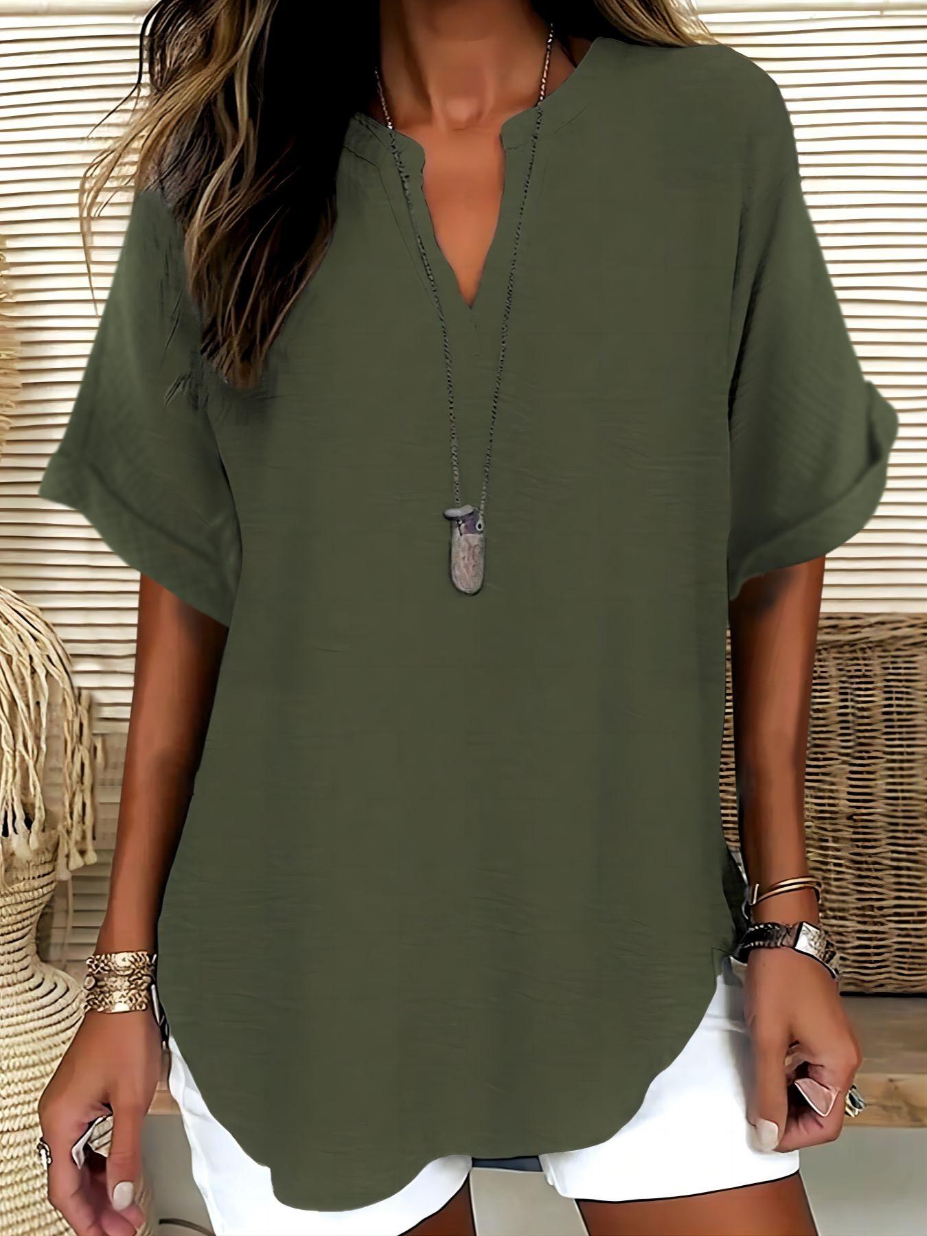 Elegant Minimalist Polyester V Neck Loose Fit Short Sleeve Blouse Shirt for Women, 100% Polyester, Regular Length, 145g/m&sup2;, Casual Everyday Weekend Top Womenswear