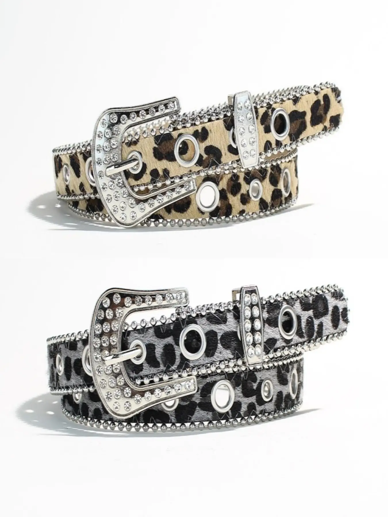 Male/Female Leopard Print Rhinestone Western Statement Belt, Sparkly Crystal Buckle Faux Leather Adjustable Waist Belt for Jeans Dresses, Fashion Belt