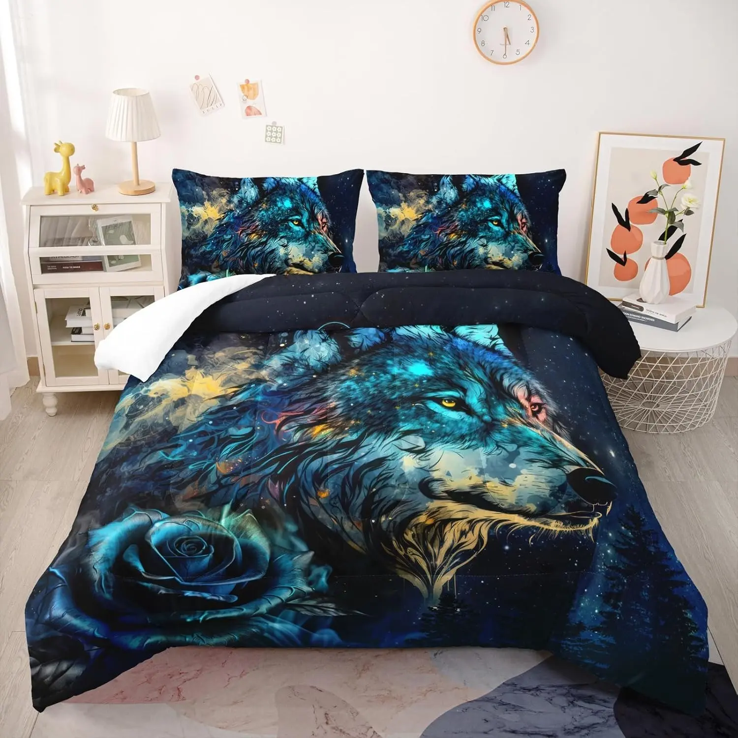 Wolf Print Bedding Set Full Size, Blue Rose Wolf Bed Linen Set, Night Sky Forest Animal Breathable Quilt Set for Girls Boys Adults, Includes 1 Quilt and 2 Pillowcases