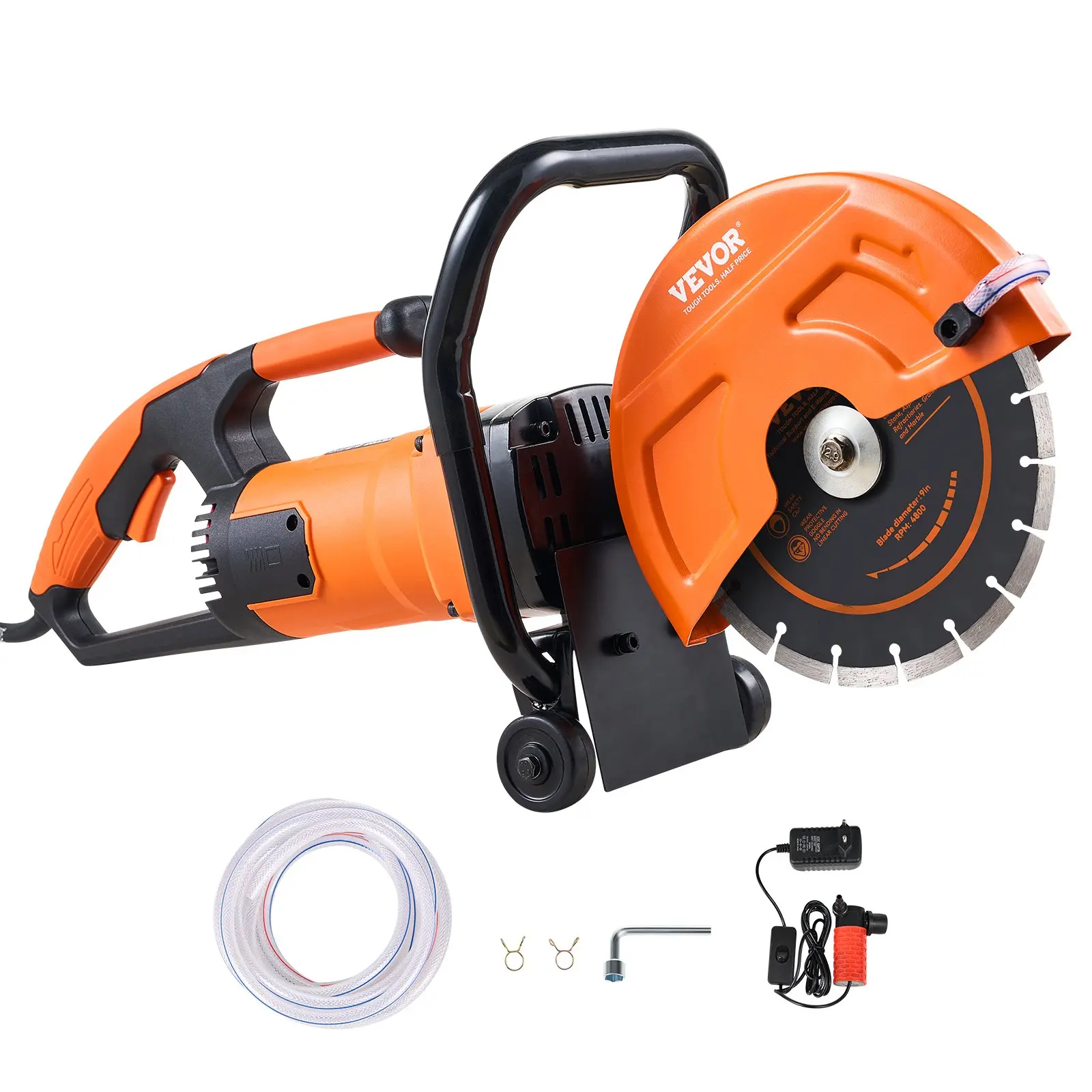 VEVOR Electric Concrete Saw - 9 in Wet/Dry Masonry Saw, 1800 W Motor Circular Cutter with 3.5 in Cutting Depth, Includes Water Line, Pump and Blade for Stone, Brick, Construction Work, Wet/Dry Saw