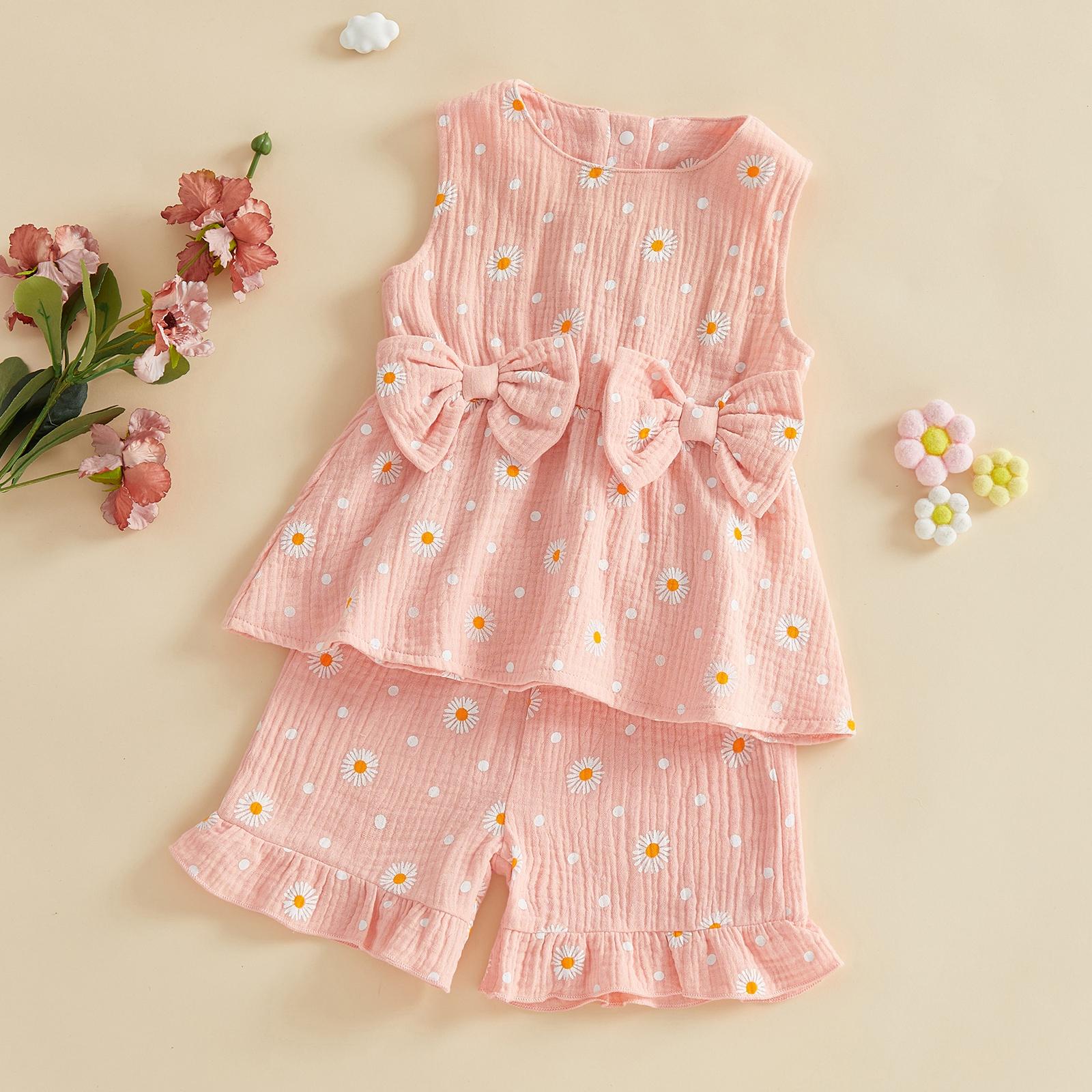 Toddler Baby Girl Outfit Summer Clothes Bow Print Bowknot Smocked Camisole Tank Top Ruffle Shorts Set